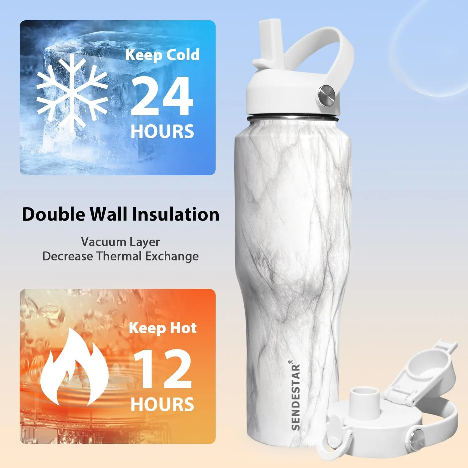 SENDESTAR 40oz Stainless Steel Water Bottle(Cold for 48 Hrs, Hot for 24 Hrs),Double Wall Vacuum Insulated Bottle with Straw Lid, Spout Lid and Flex Cap, Fit in Any Car Cup Holder TXIN-40-Marbling