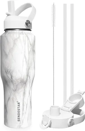 SENDESTAR 40oz Stainless Steel Water Bottle(Cold for 48 Hrs, Hot for 24 Hrs),Double Wall Vacuum Insulated Bottle with Straw Lid, Spout Lid and Flex Cap, Fit in Any Car Cup Holder TXIN-40-Marbling