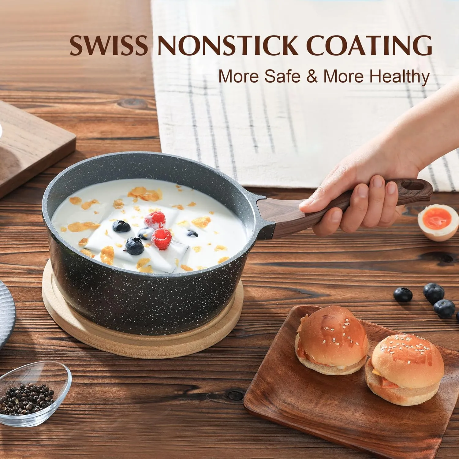 SENSARTE Nonstick Sauce Pan with Lid Saucepan Set, Swiss Granite Coating Sauce Pot Kitchen Cooking Pot Sets, Induction Comptable, PFOA Free, 1.5   2 QT