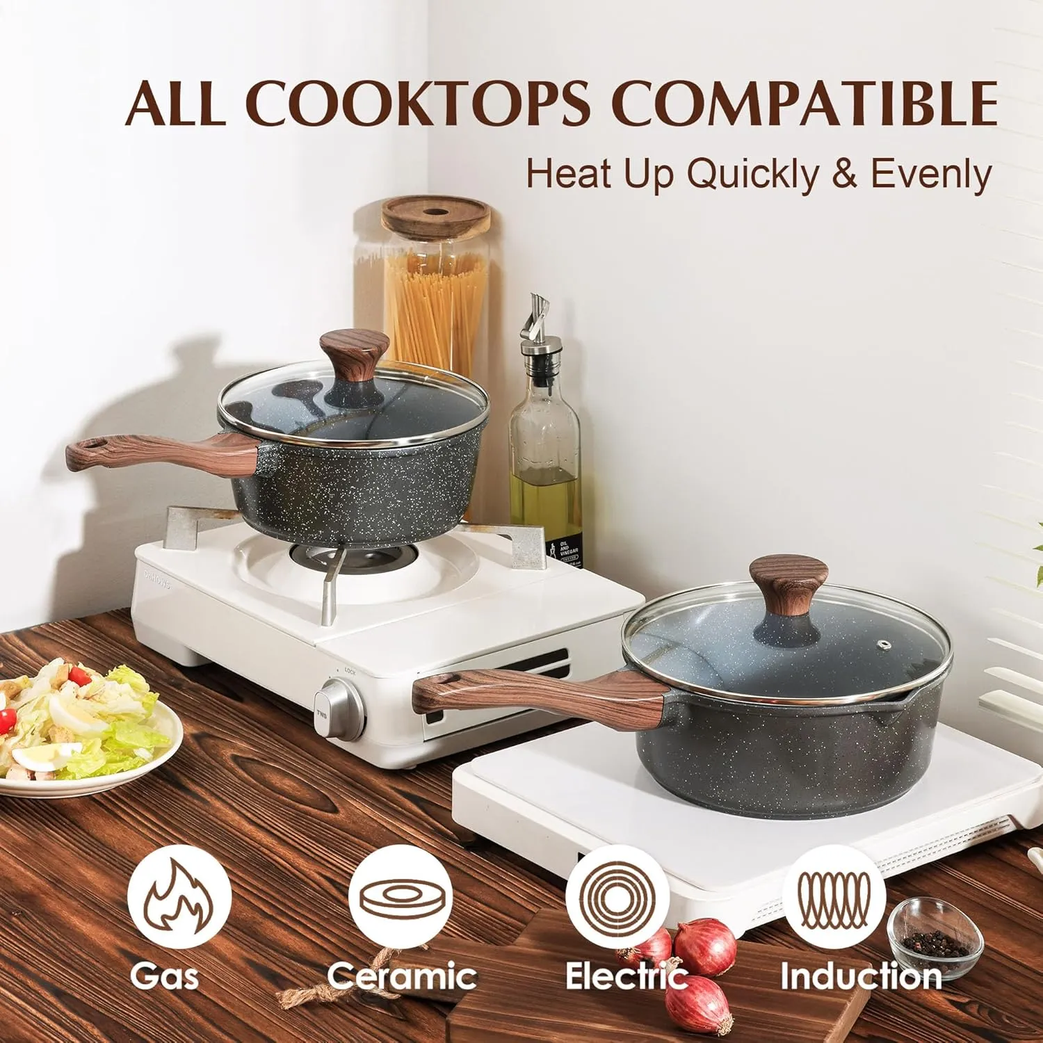 SENSARTE Nonstick Sauce Pan with Lid Saucepan Set, Swiss Granite Coating Sauce Pot Kitchen Cooking Pot Sets, Induction Comptable, PFOA Free, 1.5   2 QT
