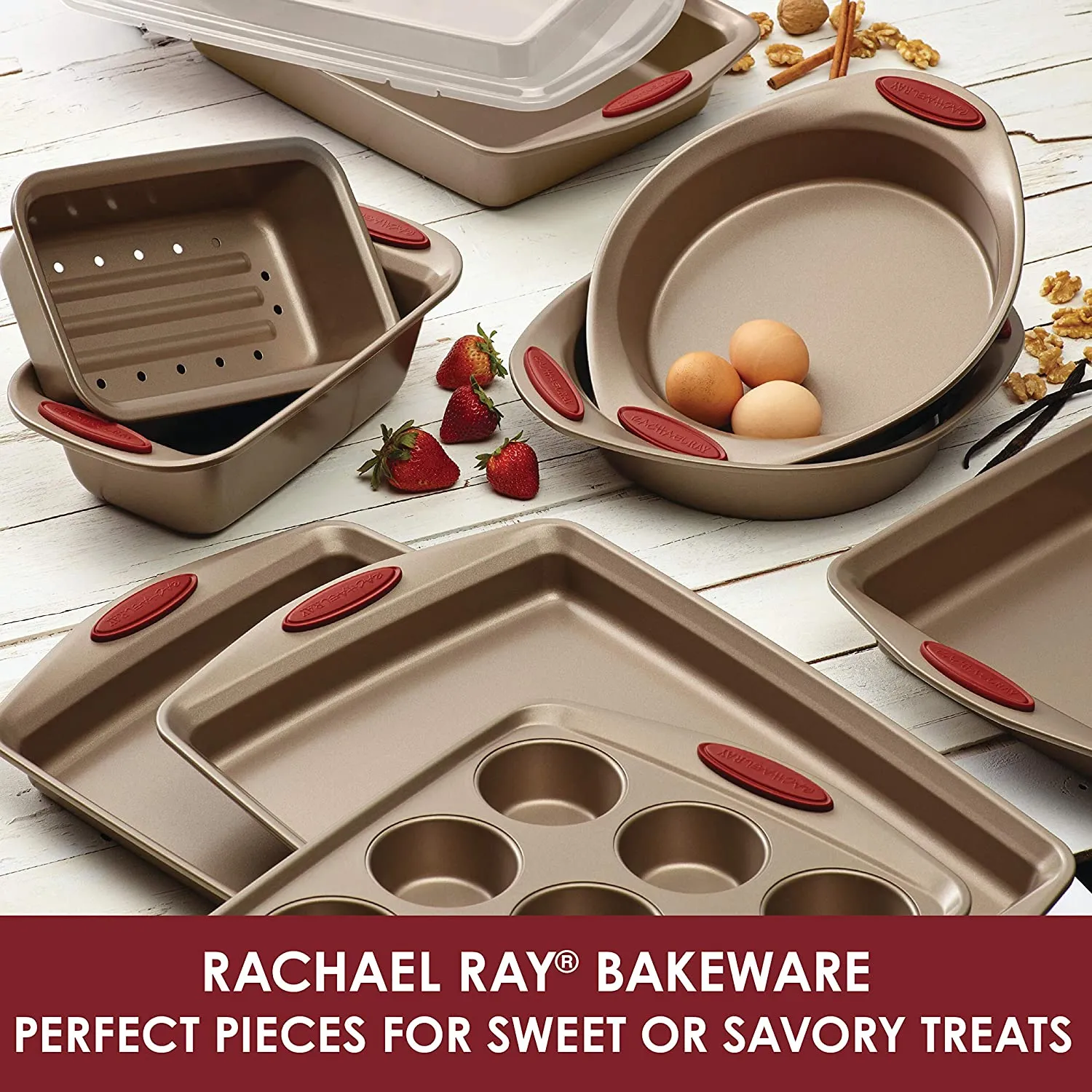 Set Pan Cookie Bakeware Pan, Expedited shipping Rachael Grip Piece, and Pan with Cranberry Cucina Muffin Bread Latte 10 Pans, Baking Free shipping discount 52410 Baking Nonstick Ray Brown - Sheets, Sheets, Cake with Red