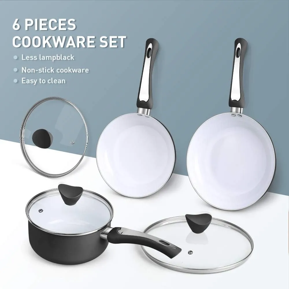 SHINEURI 6 Pieces Nonstick Pans and Pots with Lid - 2 Pans 1 Pot Set Compatible with Induction, Gas, Electric and Most Stovetops