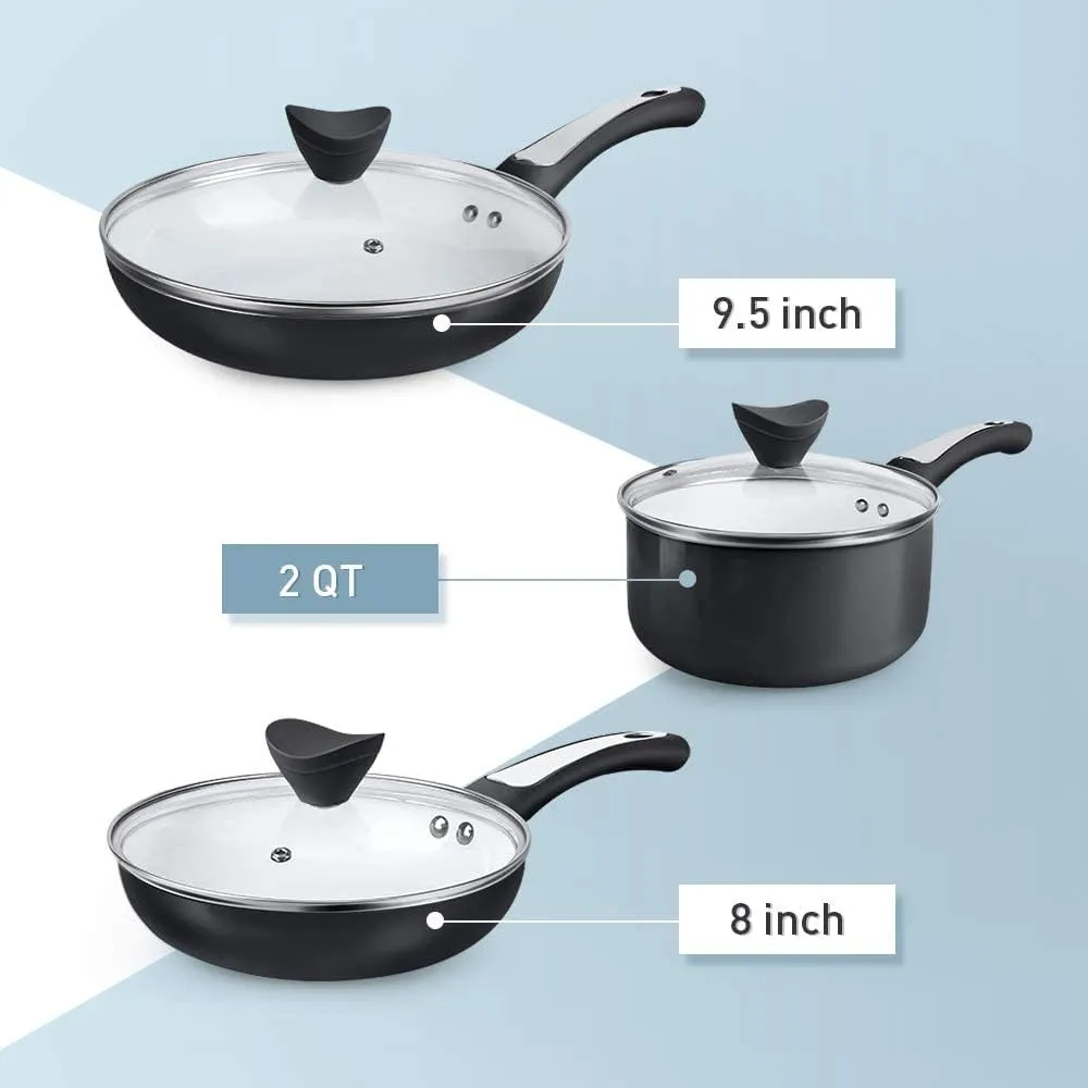 SHINEURI 6 Pieces Nonstick Pans and Pots with Lid - 2 Pans 1 Pot Set Compatible with Induction, Gas, Electric and Most Stovetops