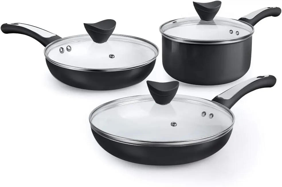 SHINEURI 6 Pieces Nonstick Pans and Pots with Lid - 2 Pans 1 Pot Set Compatible with Induction, Gas, Electric and Most Stovetops