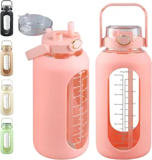 SIEROZUR 74oz Glass Water Bottle with Straw and Lid Large Gallon Water Jug with Silicone Sleeve and Handle 2.2 liter Wide Mouth Bottle with Time Marker for Gym Sports& Workout