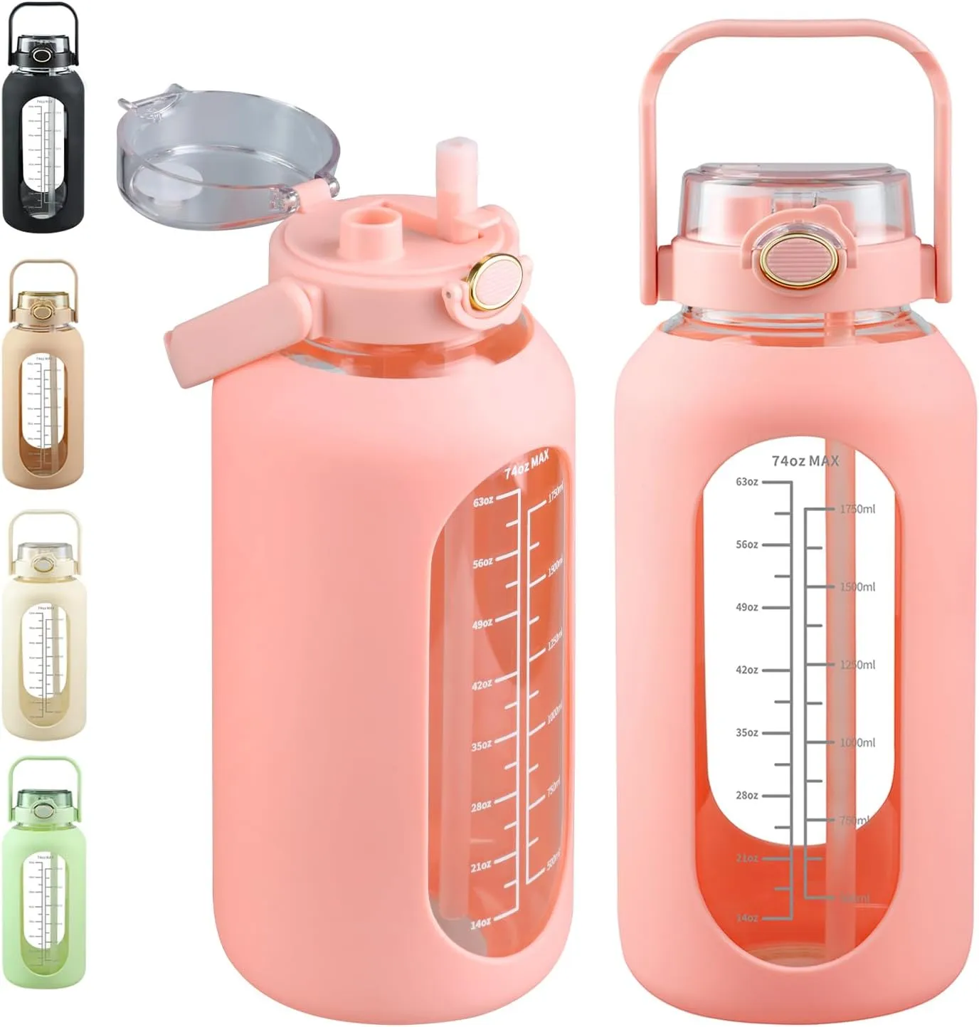 SIEROZUR 74oz Glass Water Bottle with Straw and Lid Large Gallon Water Jug with Silicone Sleeve and Handle 2.2 liter Wide Mouth Bottle with Time Marker for Gym Sports& Workout