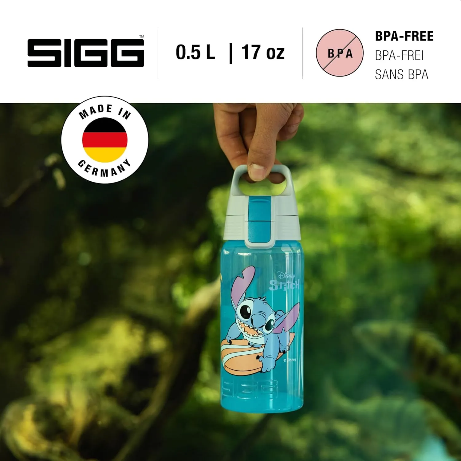 SIGG - Children's Water Bottle - Viva One Disney - Stitch Surfing - Suitable for Carbonated Drinks - Leak-proof - Dishwasher Safe - BPA-Free - Sports & School - Pink - 0.5L