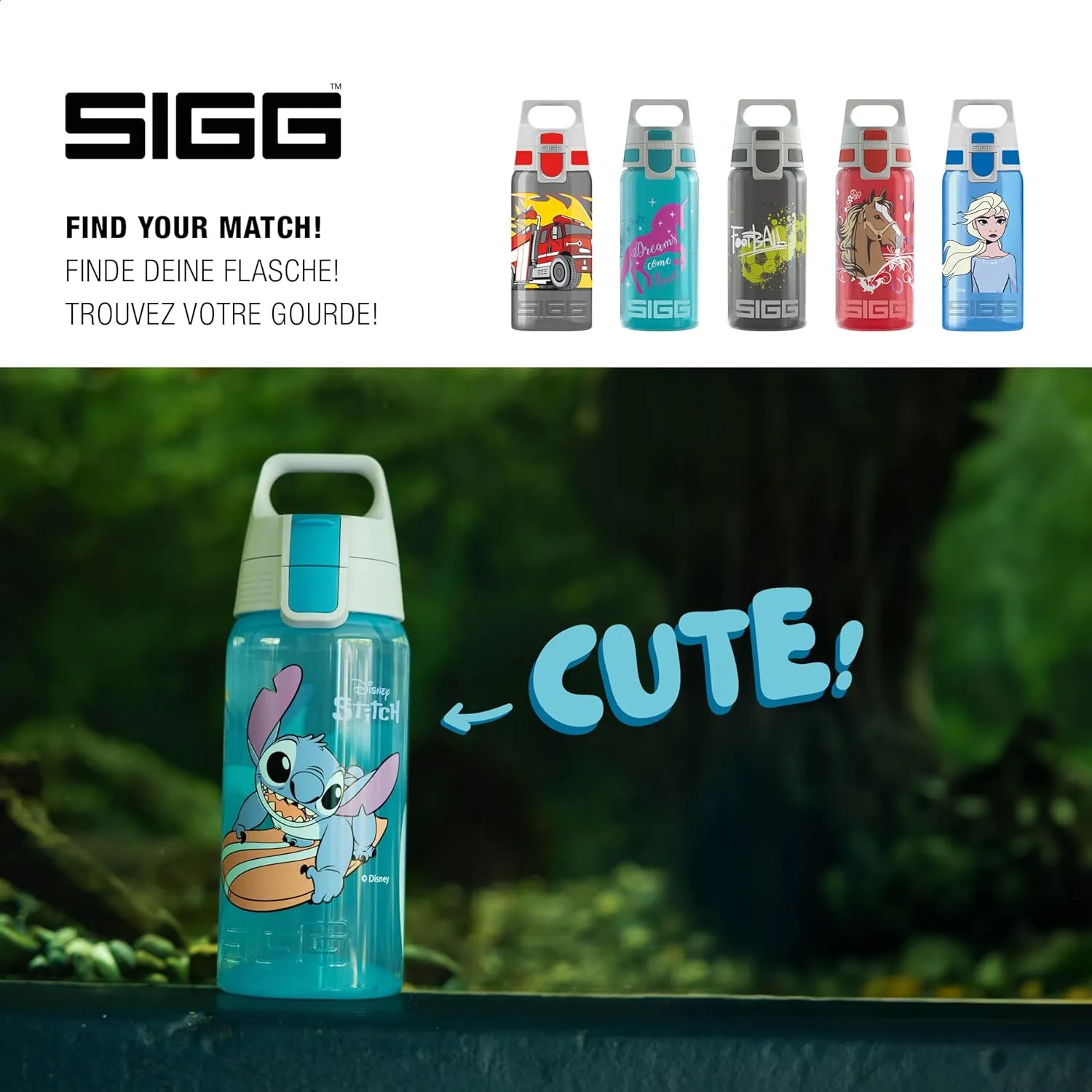 SIGG - Children's Water Bottle - Viva One Disney - Stitch Surfing - Suitable for Carbonated Drinks - Leak-proof - Dishwasher Safe - BPA-Free - Sports & School - Pink - 0.5L
