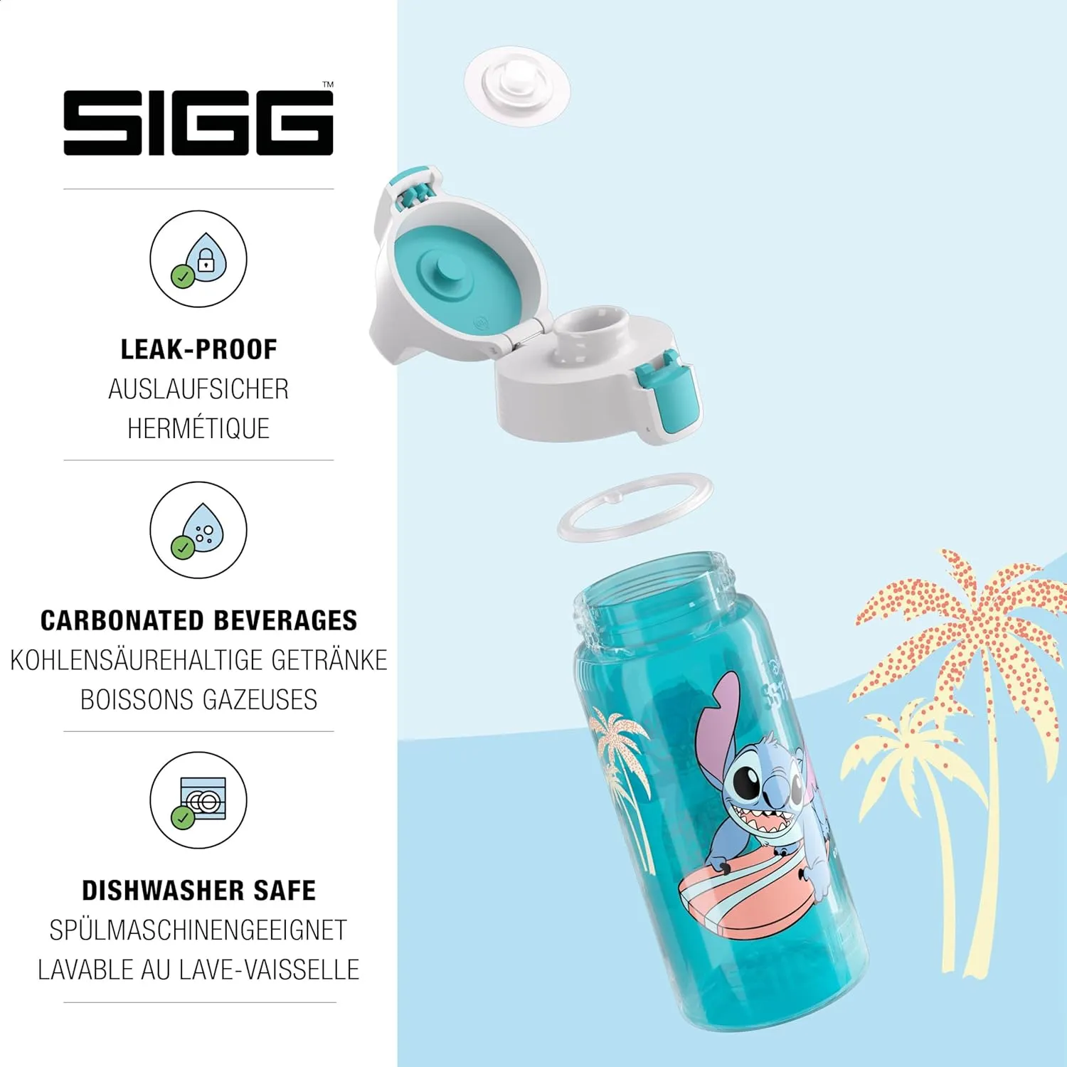 SIGG - Children's Water Bottle - Viva One Disney - Stitch Surfing - Suitable for Carbonated Drinks - Leak-proof - Dishwasher Safe - BPA-Free - Sports & School - Pink - 0.5L