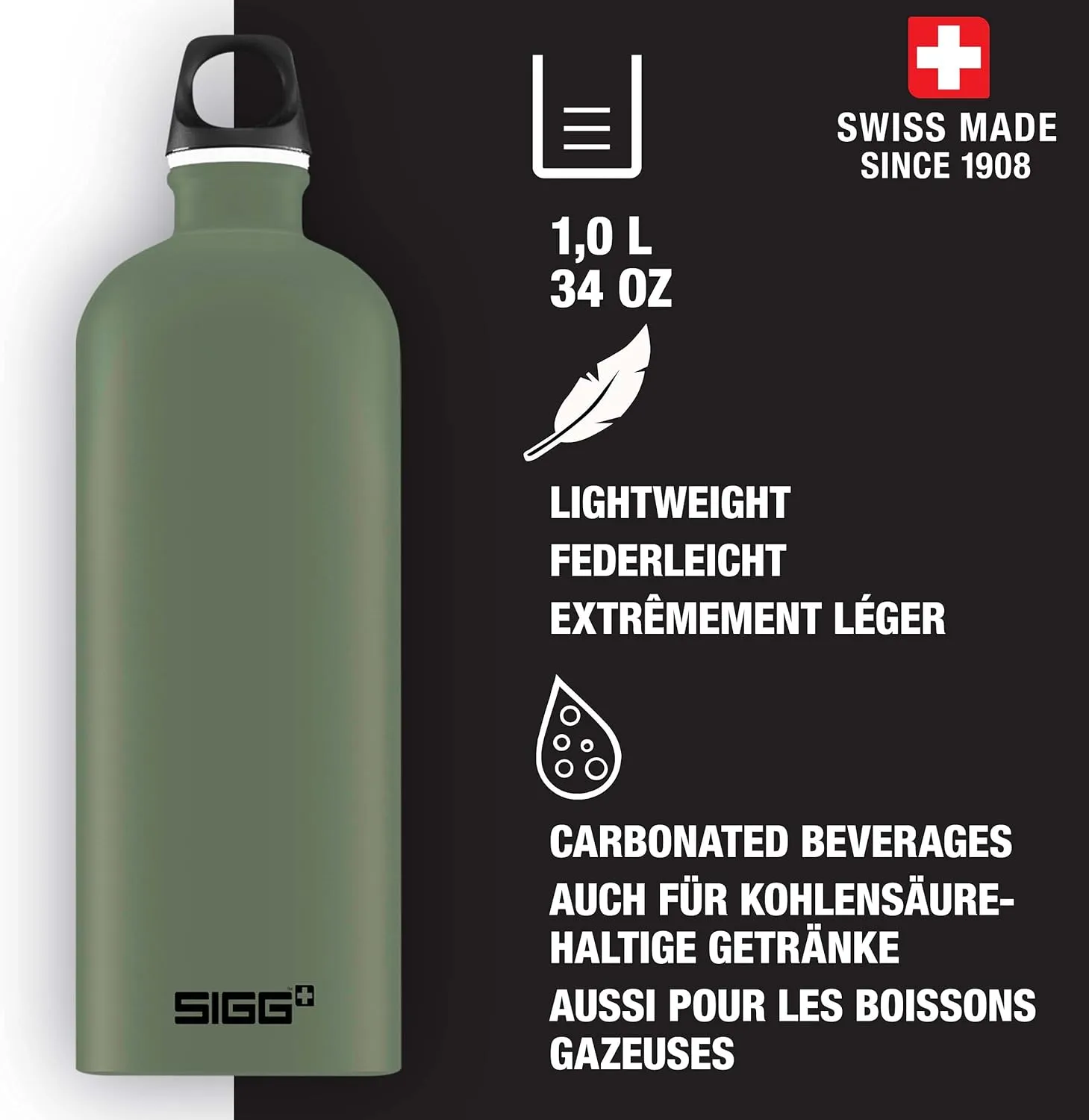 SIGG - Recycled Metal Water Bottle - Traveller - Made in Switzerland - Carbonated Drinks - BPA-Free - 34 Oz