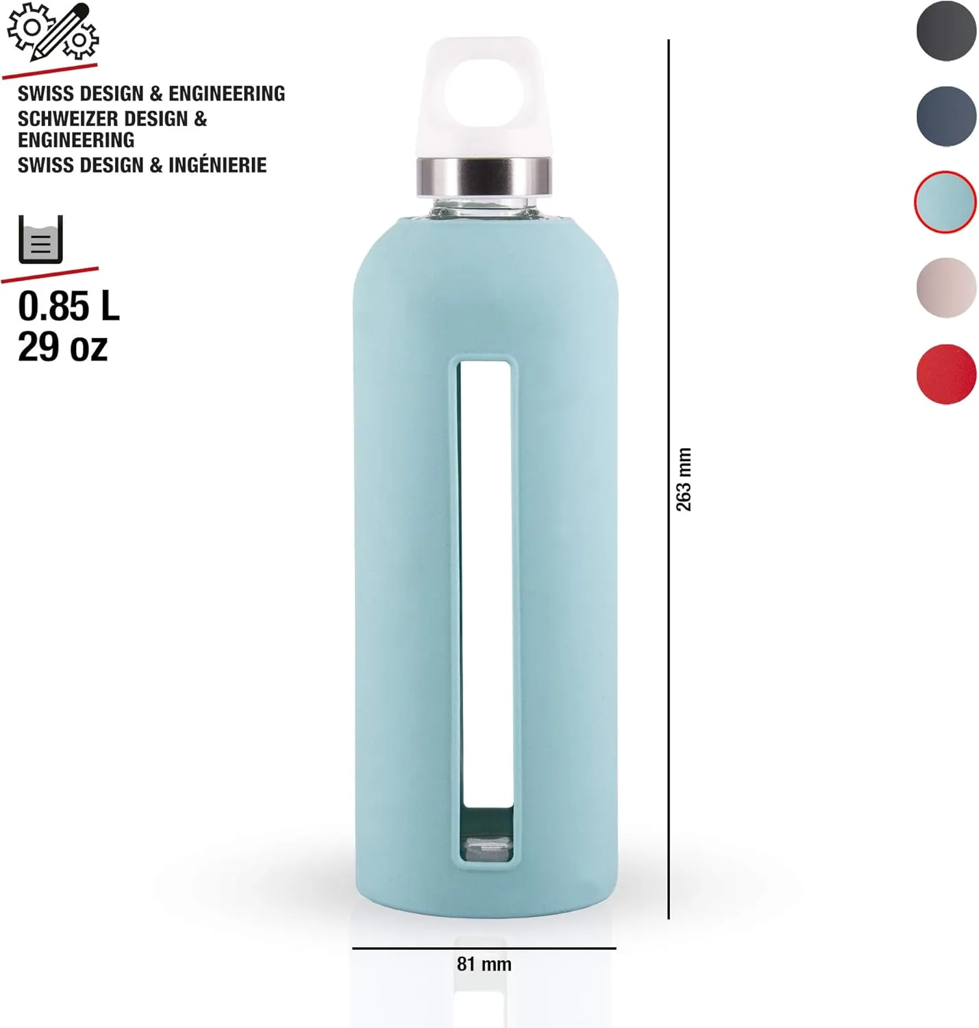 SIGG - Star Water Bottle - BPA-Free, Leak-Proof Glass Bottle, Anti-Shock - Non-Slip Silicone Case - Designed in Switzerland - Glacier - 28 Oz
