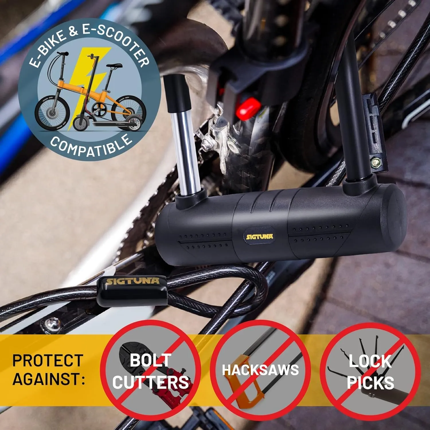 Sigtuna Bike U Lock, Extra Long Bike Locks Heavy Duty Anti Theft, 16mm Bicycle Lock with Shackle and Mounting Holder and 4ft Cable