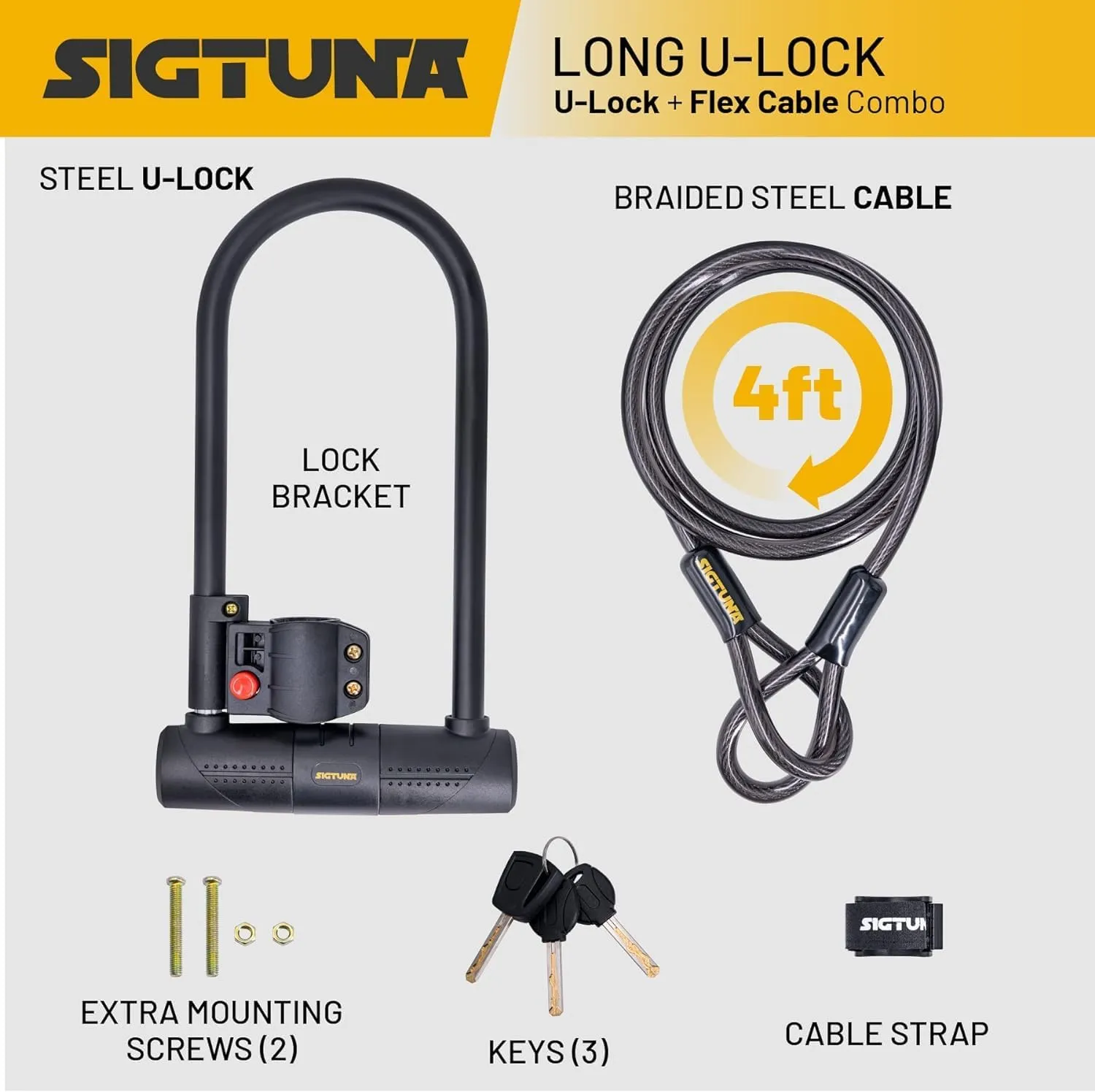 Sigtuna Bike U Lock, Extra Long Bike Locks Heavy Duty Anti Theft, 16mm Bicycle Lock with Shackle and Mounting Holder and 4ft Cable