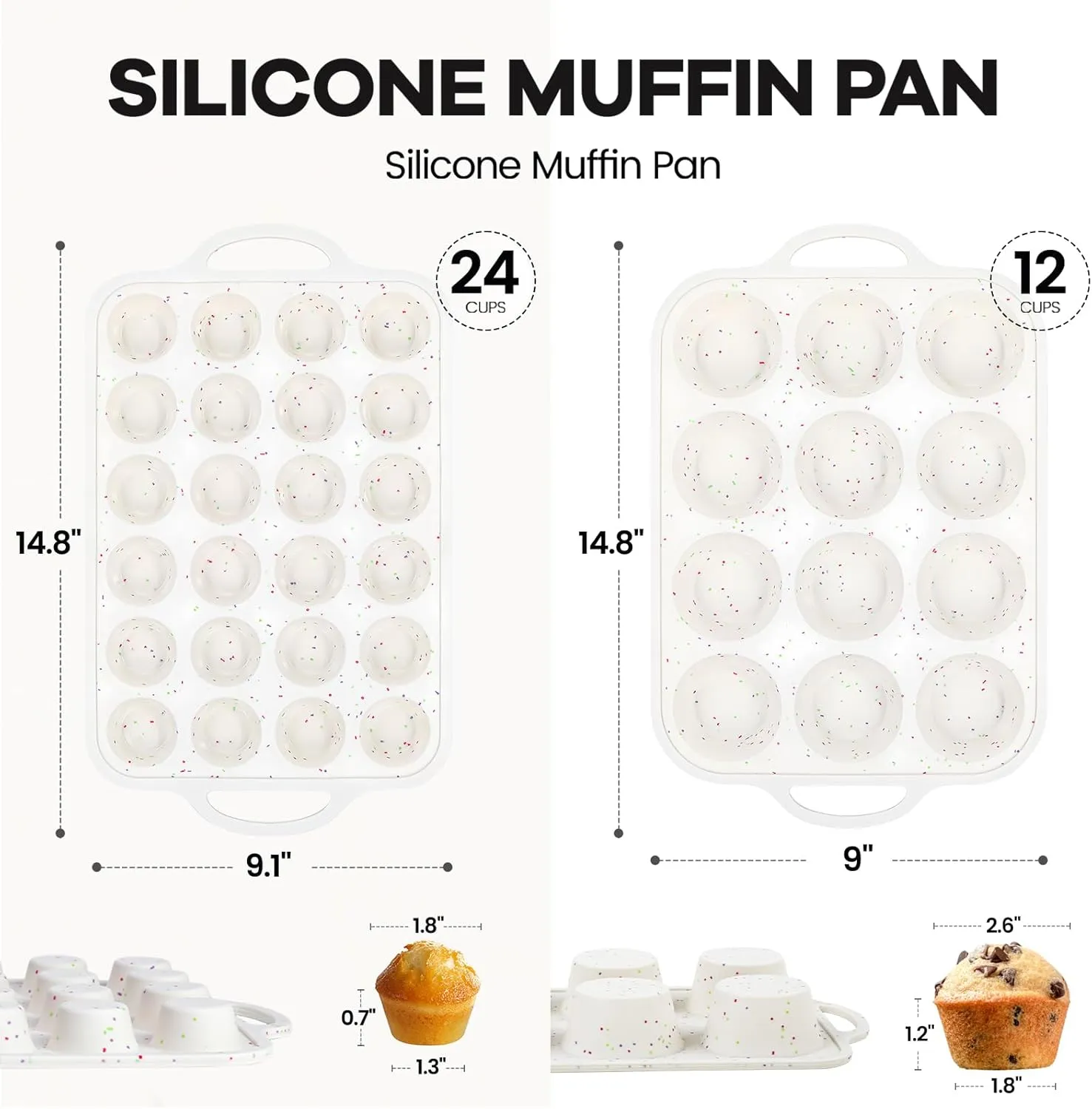 Silicone Muffin Pan with Metal Reinforced Frame - 12 Cups Muffin Pan With 24 Cups for Homemade Muffins, Cupcakes, Oven and Dishwasher Safe - Set of 2, Rainbow Dots
