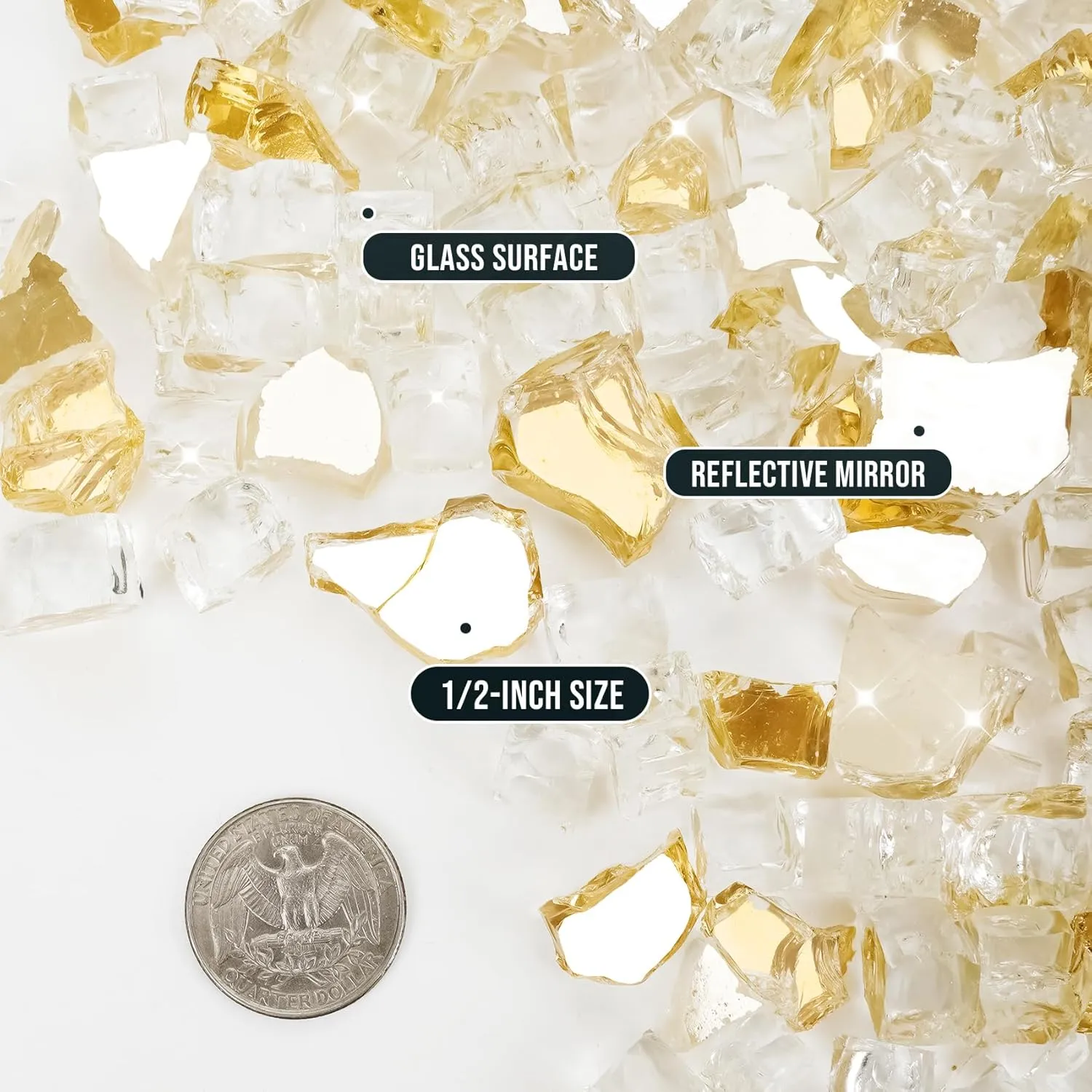 Skyflame Fire Pit Glass Rocks, 15 Pound Gold Reflective Fire Glass for Outdoor Indoor Fire Bowl Fireplace, 1/2-Inch