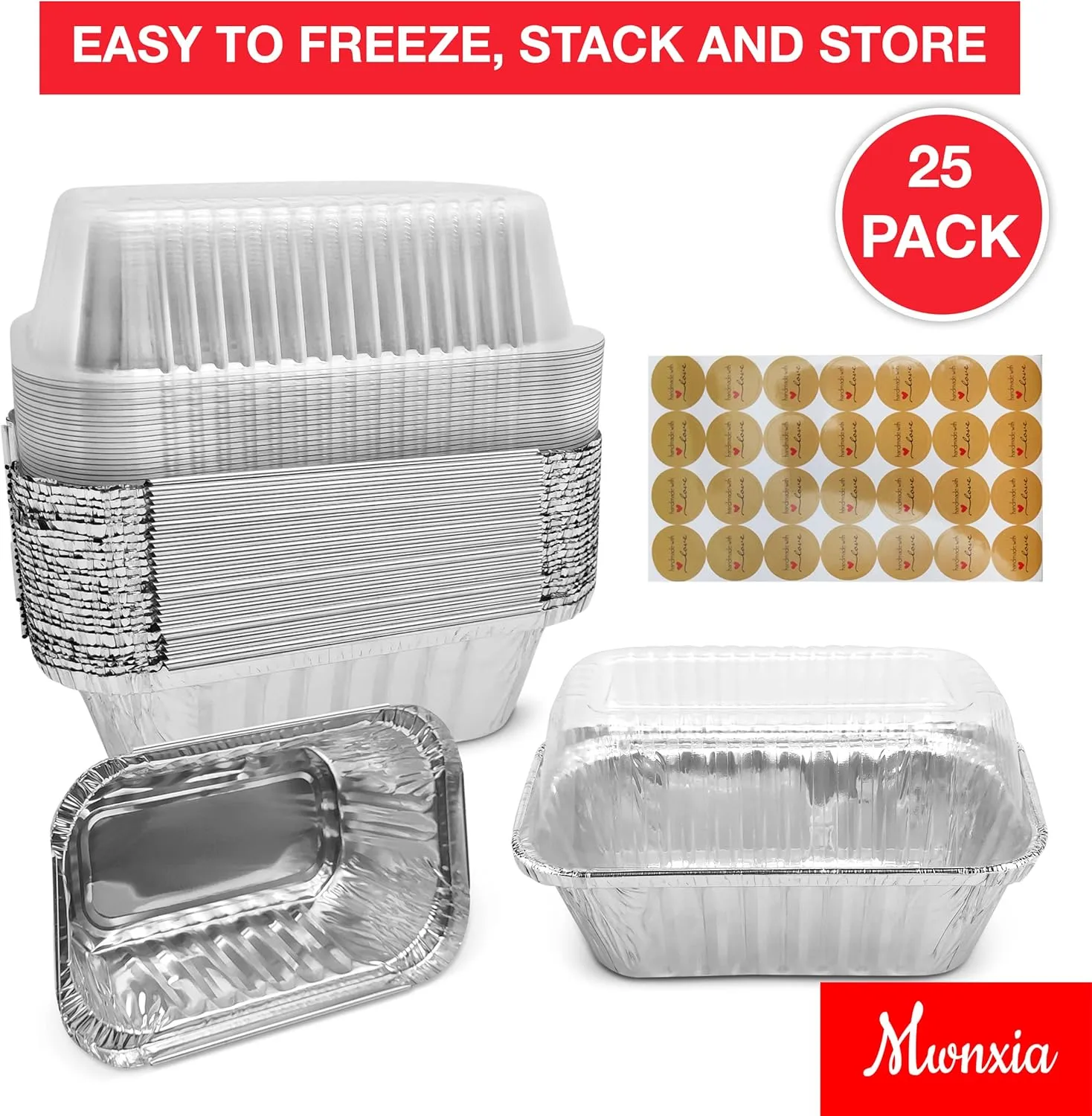 Small Loaf Pans Disposable with Lids - with Homemade with Love Stickers 1Lb - 6'' X 3.5" x 2" Perfect for Baking Holiday Baked Bread Mini Cakes, Meatloaf, Banana Bread (With Lids, 25)