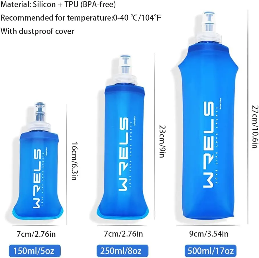 Soft Running Water Flask Soft Flasks Collapsible Soft Water Bottles Small BPA-Free for Sports Hiking Hydration Pack 5oz/8oz/17oz(BLUE,17oz*2)