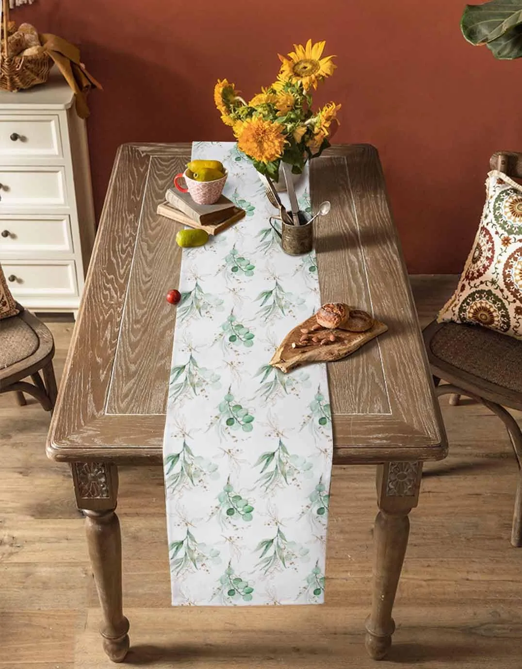 Spring Summer Eucalyptus Leaves Table Runner 36 Inches Long Green Leaves Coffee Table Runner Farmhouse Rustic Kitchen Dining Table Decoration for Indoor Outdoor Home Party Holiday 13 x 36 Inch