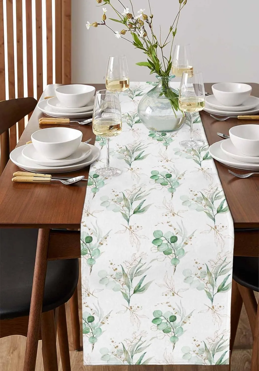 Spring Summer Eucalyptus Leaves Table Runner 36 Inches Long Green Leaves Coffee Table Runner Farmhouse Rustic Kitchen Dining Table Decoration for Indoor Outdoor Home Party Holiday 13 x 36 Inch