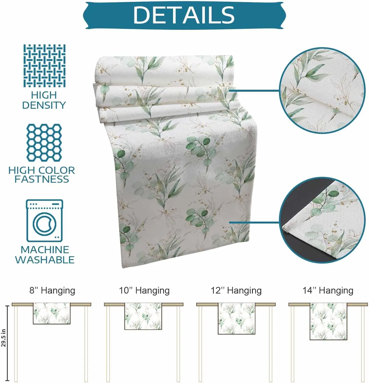 Spring Summer Eucalyptus Leaves Table Runner 36 Inches Long Green Leaves Coffee Table Runner Farmhouse Rustic Kitchen Dining Table Decoration for Indoor Outdoor Home Party Holiday 13 x 36 Inch
