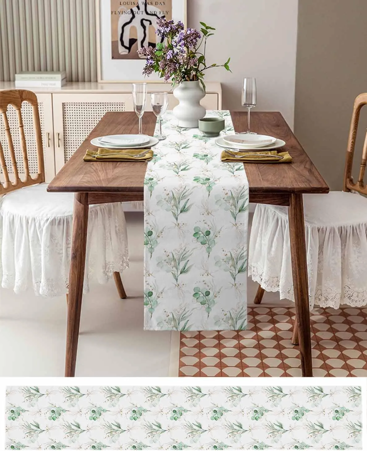 Spring Summer Eucalyptus Leaves Table Runner 36 Inches Long Green Leaves Coffee Table Runner Farmhouse Rustic Kitchen Dining Table Decoration for Indoor Outdoor Home Party Holiday 13 x 36 Inch