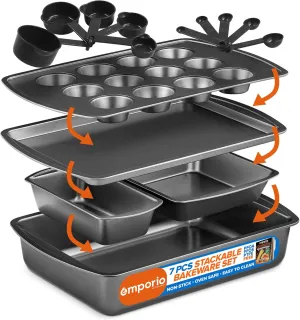 Stackable Baking Pan Set - Deluxe Nonstick White Marble Coating, Carbon Steel Bakeware Sets, PFOA, PFOS, PTFE Free, Recipe Booklet Included, Oven Safe (Up to 450°F), Set of 7 - Black