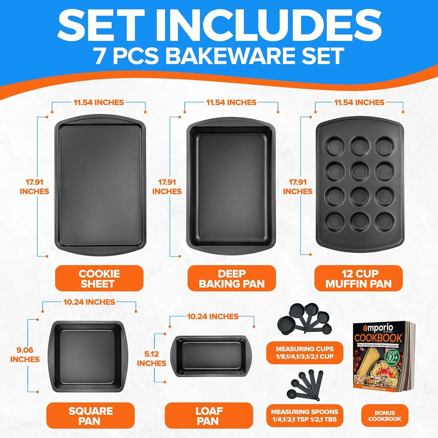Stackable Baking Pan Set - Deluxe Nonstick White Marble Coating, Carbon Steel Bakeware Sets, PFOA, PFOS, PTFE Free, Recipe Booklet Included, Oven Safe (Up to 450°F), Set of 7 - Black