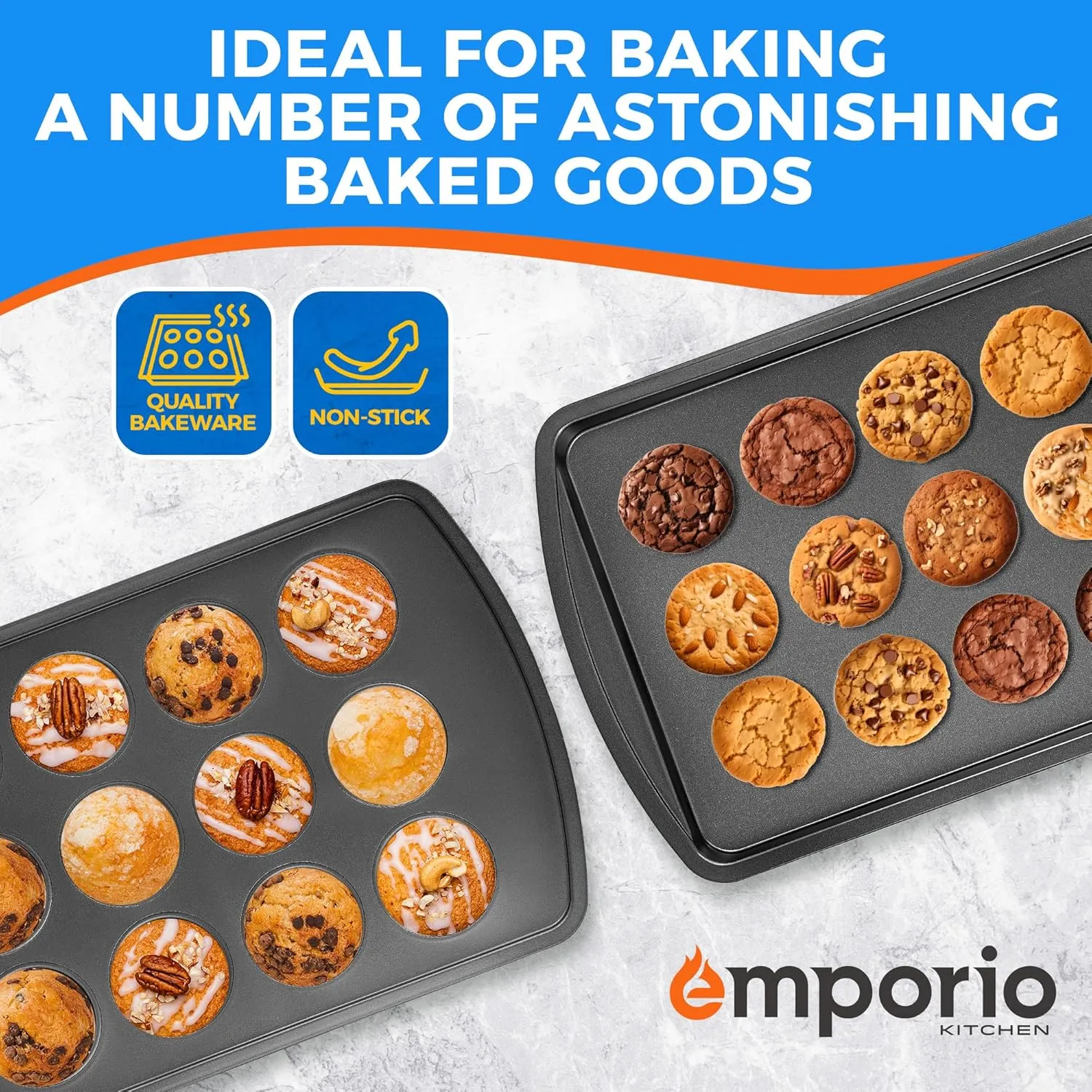 Stackable Baking Pan Set - Deluxe Nonstick White Marble Coating, Carbon Steel Bakeware Sets, PFOA, PFOS, PTFE Free, Recipe Booklet Included, Oven Safe (Up to 450°F), Set of 7 - Black