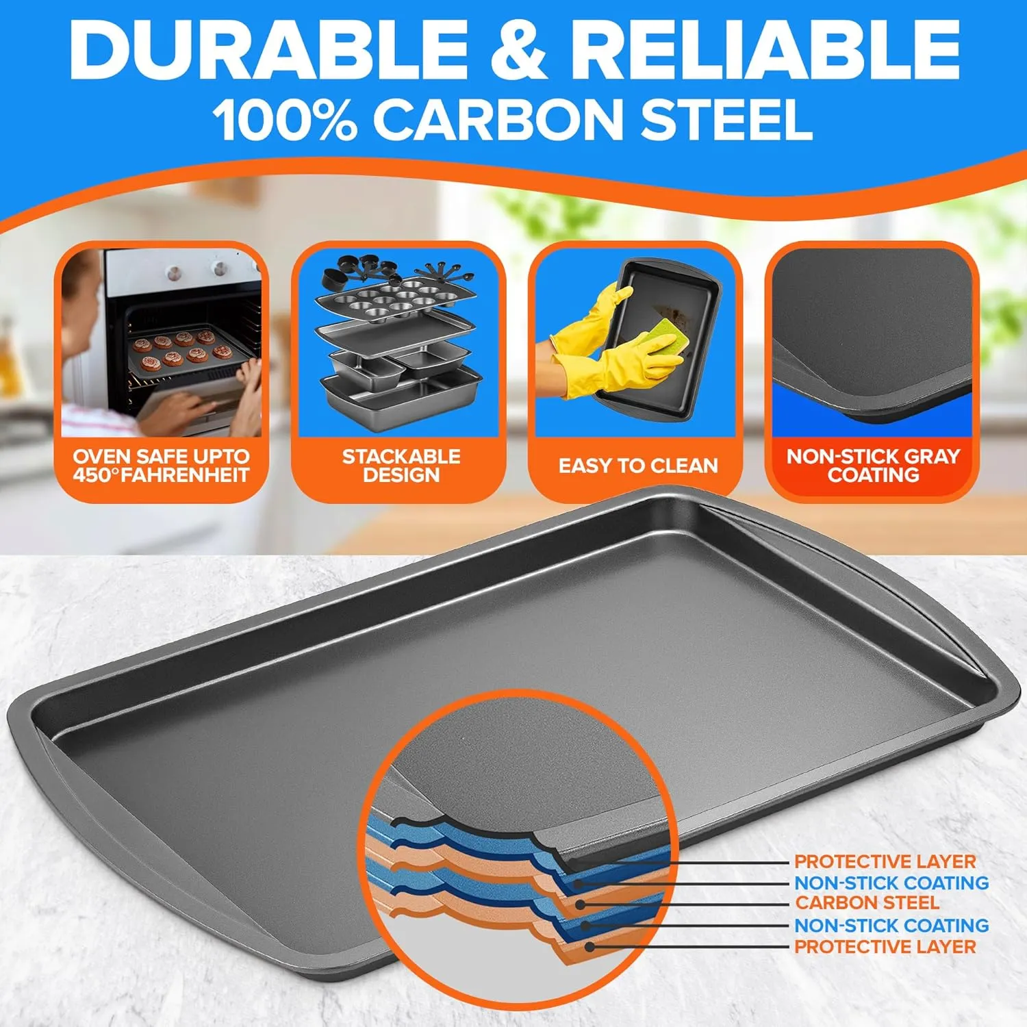 Stackable Baking Pan Set - Deluxe Nonstick White Marble Coating, Carbon Steel Bakeware Sets, PFOA, PFOS, PTFE Free, Recipe Booklet Included, Oven Safe (Up to 450°F), Set of 7 - Black