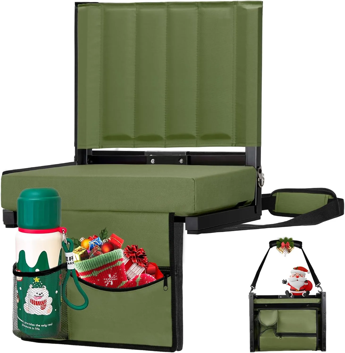 Stadium Seat with Back Support, Bleacher Chairs with Back and Cushion, Bleacher Seat Soft Cushion Light Weight Includes Shoulder Strap, Cup Holder, Suitable for Sports Events, Green