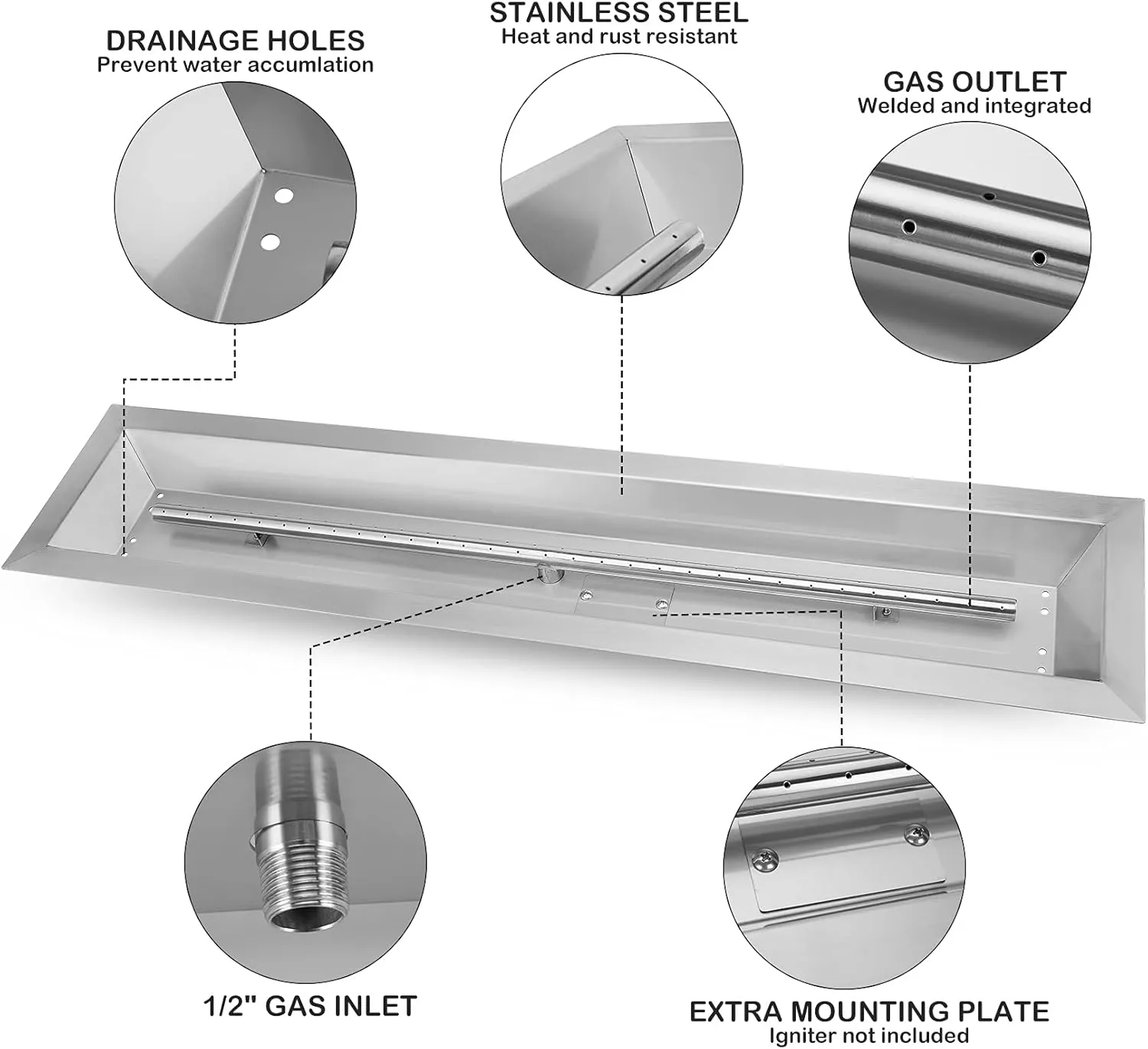 Stanbroil 30 x 6 Inch Linear Drop-in Fire Pit Burner with Spark Ignition Kit, Natural Gas Version, Stainless Steel Fire Pit Parts Replacement for Outside, Rated up to 54,000 BTU’S