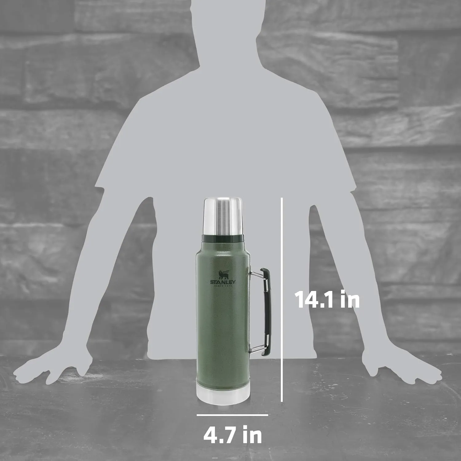 Stanley Classic Legendary Vacuum Bottle 1.5 qt | Wide Mouth with Leakproof Cup Lid | Keep Drinks Hot or Cold | Packable for Travel | Insulated Stainless Steel Thermos | BPA-Free | Hammertone Green