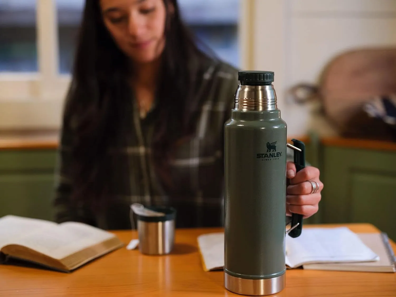 Stanley Classic Legendary Vacuum Bottle 1.5 qt | Wide Mouth with Leakproof Cup Lid | Keep Drinks Hot or Cold | Packable for Travel | Insulated Stainless Steel Thermos | BPA-Free | Hammertone Green