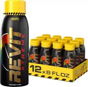Steel Revit Xtreme Energy Drink Pineapple 8oz (12-Pack) | 375mg Caffeine, 7 Essential Vitamins, Nitric Oxide Boost | Sugar-Free, Resealable Cap, All-Day Energy