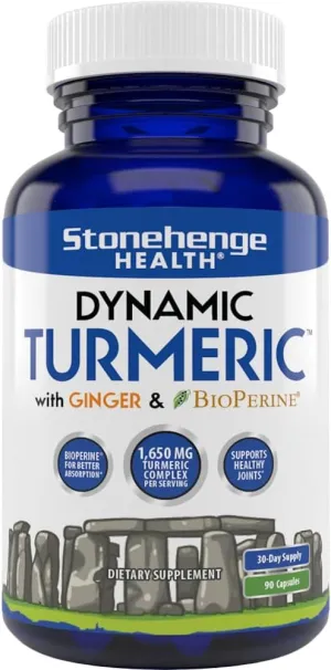 Stonehenge Health Dynamic Turmeric Curcumin with Ginger - High Potency - 1,650 mg Turmeric with 95% Curcuminoids & BioPerine, 90 Vegetarian Capsules