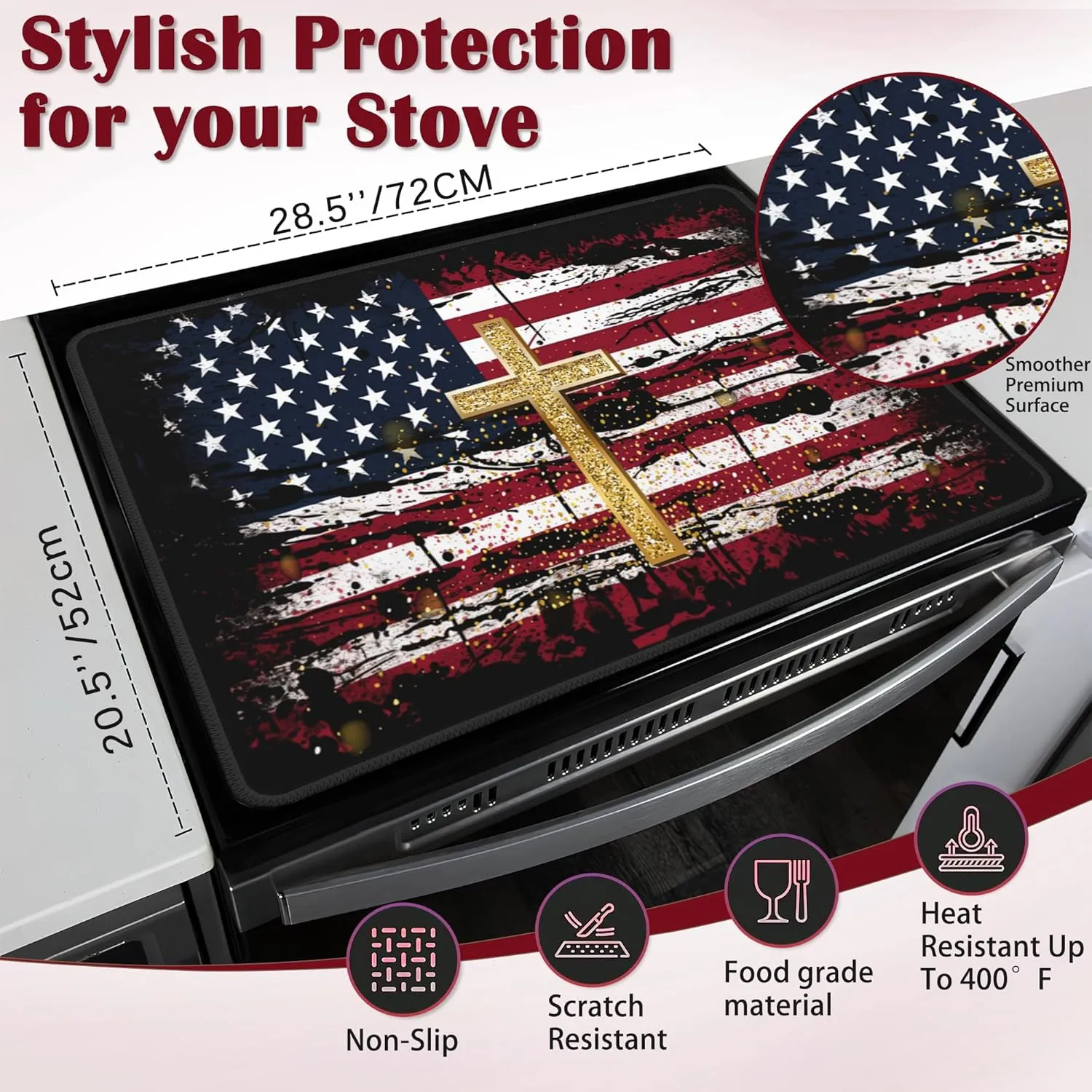 Stove Top Cover for Electric, American Flag Jesus Cross Glass Ceramic Stove Cover, Heat Resistant Flat Stovetop Protector, Dish Drying Mats for Kitchen