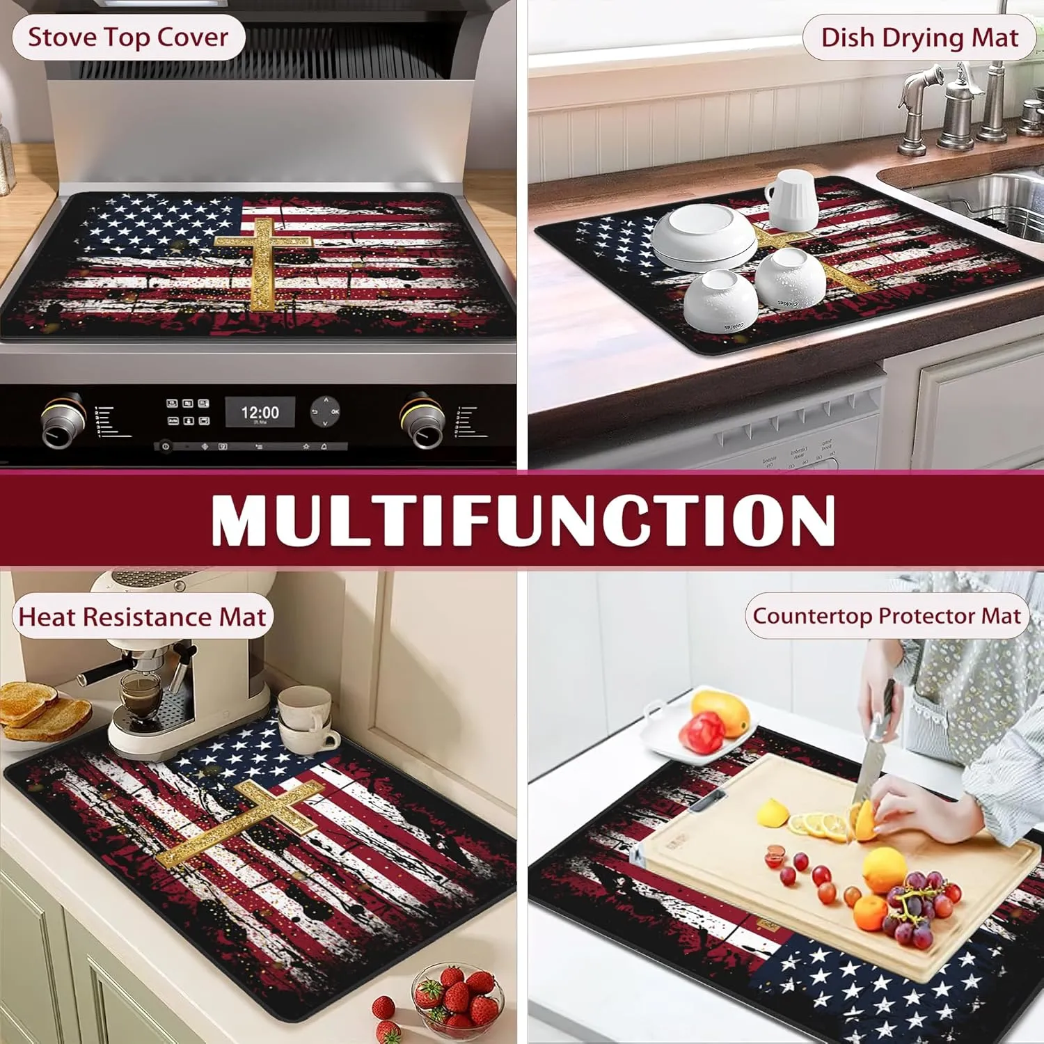 Stove Top Cover for Electric, American Flag Jesus Cross Glass Ceramic Stove Cover, Heat Resistant Flat Stovetop Protector, Dish Drying Mats for Kitchen