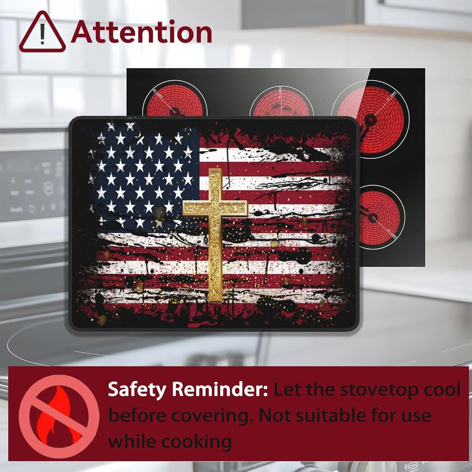Stove Top Cover for Electric, American Flag Jesus Cross Glass Ceramic Stove Cover, Heat Resistant Flat Stovetop Protector, Dish Drying Mats for Kitchen