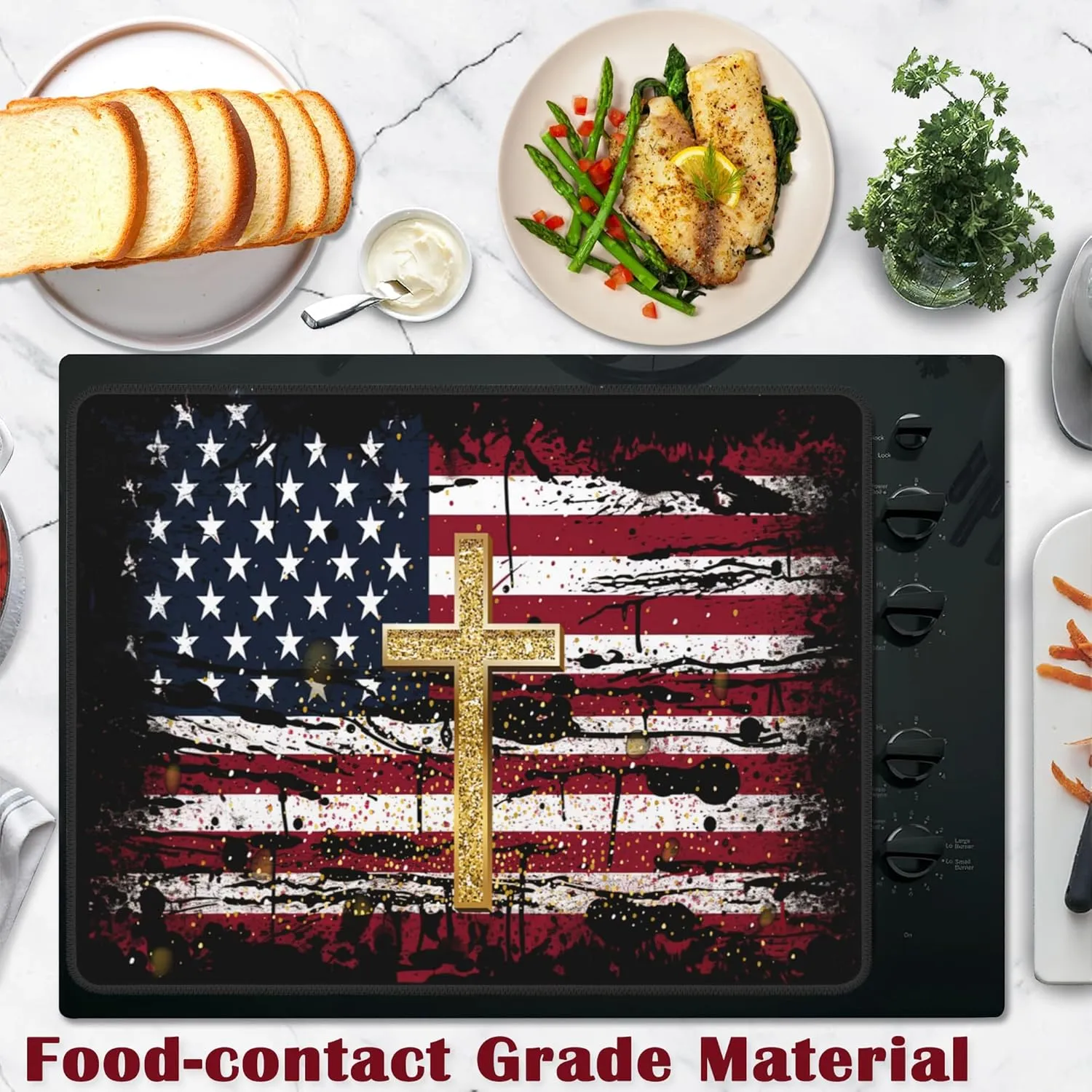 Stove Top Cover for Electric, American Flag Jesus Cross Glass Ceramic Stove Cover, Heat Resistant Flat Stovetop Protector, Dish Drying Mats for Kitchen
