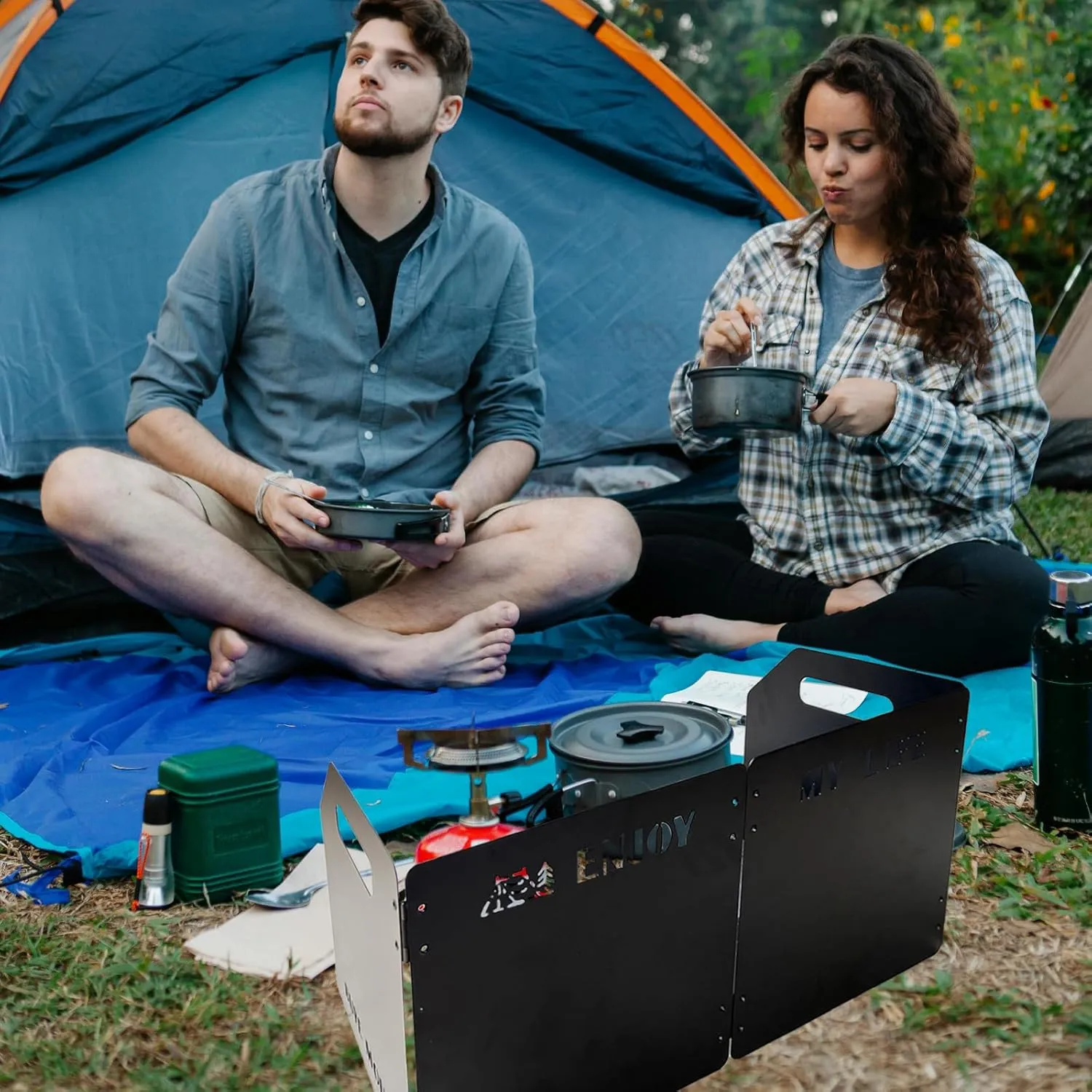 Stove Windscreen - Folding Camping Stove Windshield 4 Plates Stainless Steel Stove Windscreen for Outdoor, Picnic, Backpacking and Cooking Black