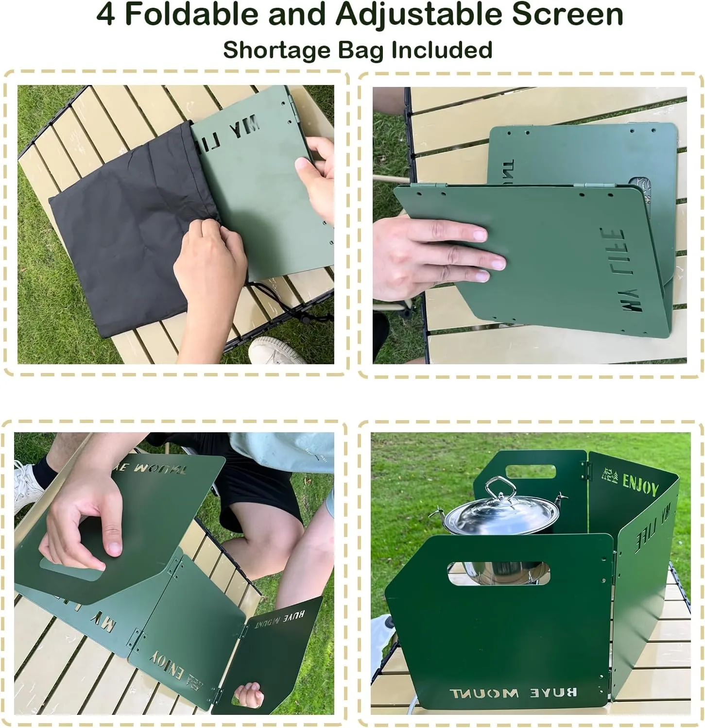 Stove Windscreen - Folding Camping Stove Windshield 4 Plates Stainless Steel Stove Windscreen for Outdoor, Picnic, Backpacking and Cooking Green