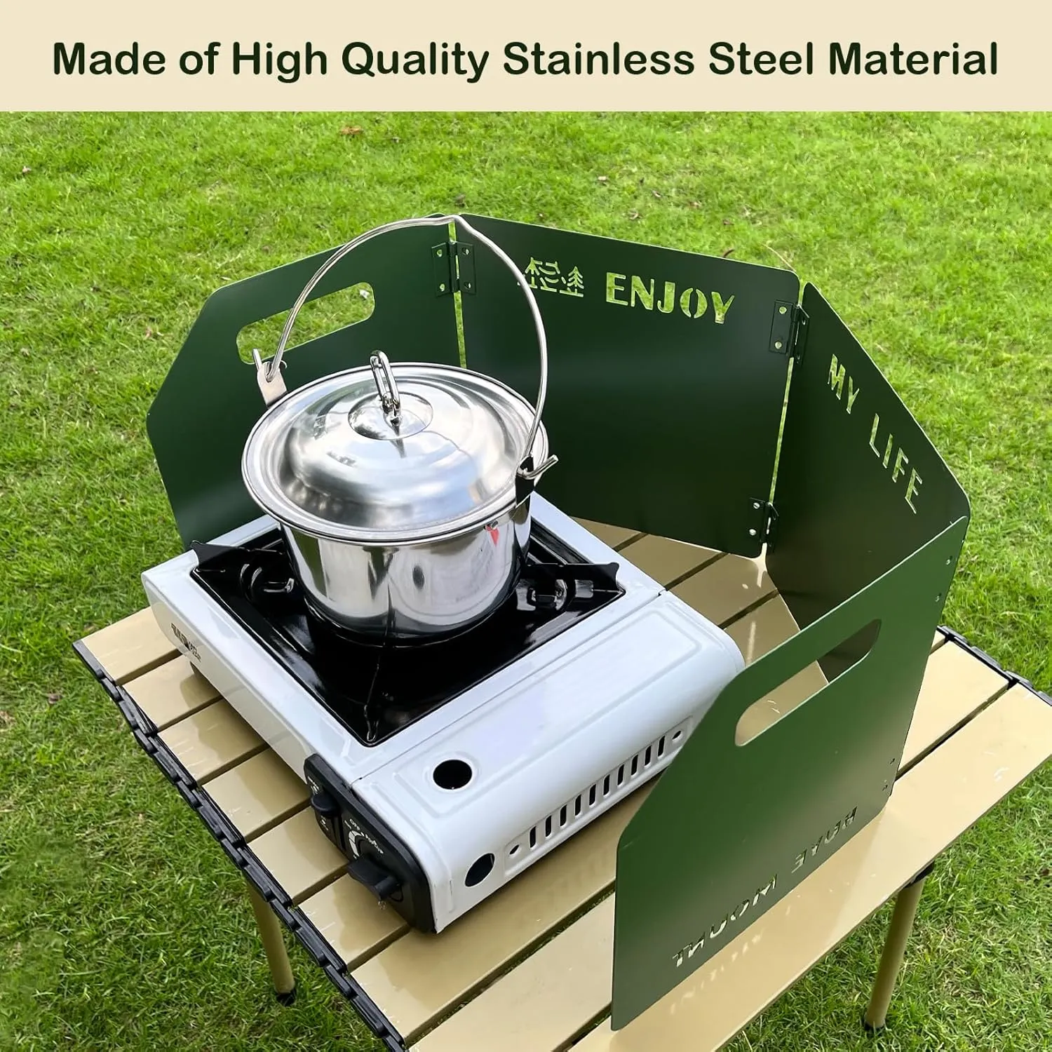Stove Windscreen - Folding Camping Stove Windshield 4 Plates Stainless Steel Stove Windscreen for Outdoor, Picnic, Backpacking and Cooking Green