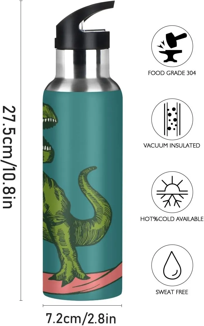 Surfing Dinosaur Sports Water Bottle, 22 Oz BPA Free Non-Toxic Stainless Steel Water Bottle with Straw for Gym Yoga Fitness Camping