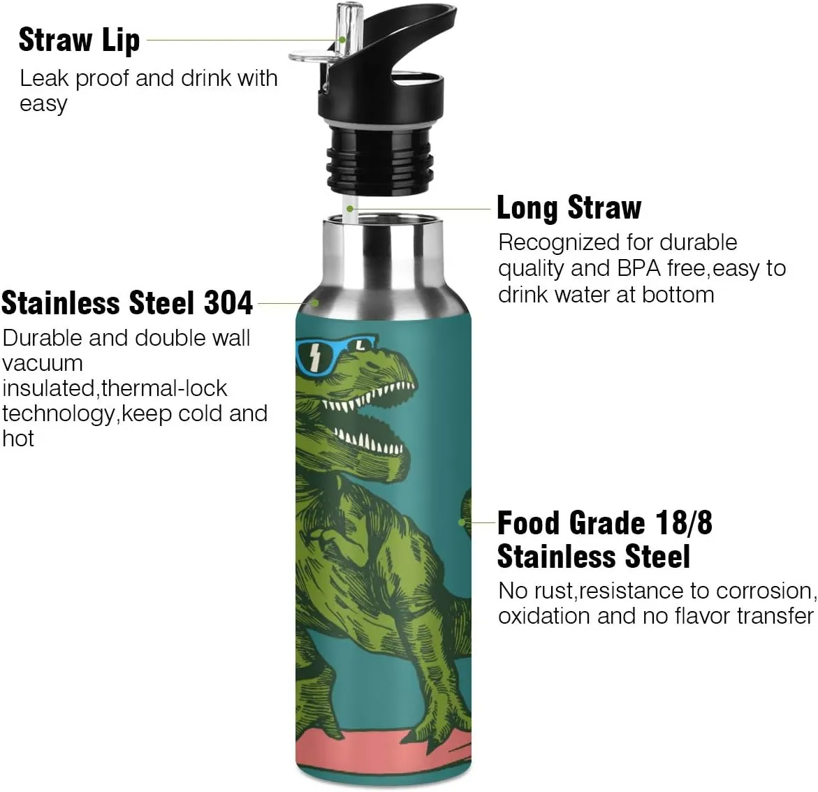 Surfing Dinosaur Sports Water Bottle, 22 Oz BPA Free Non-Toxic Stainless Steel Water Bottle with Straw for Gym Yoga Fitness Camping