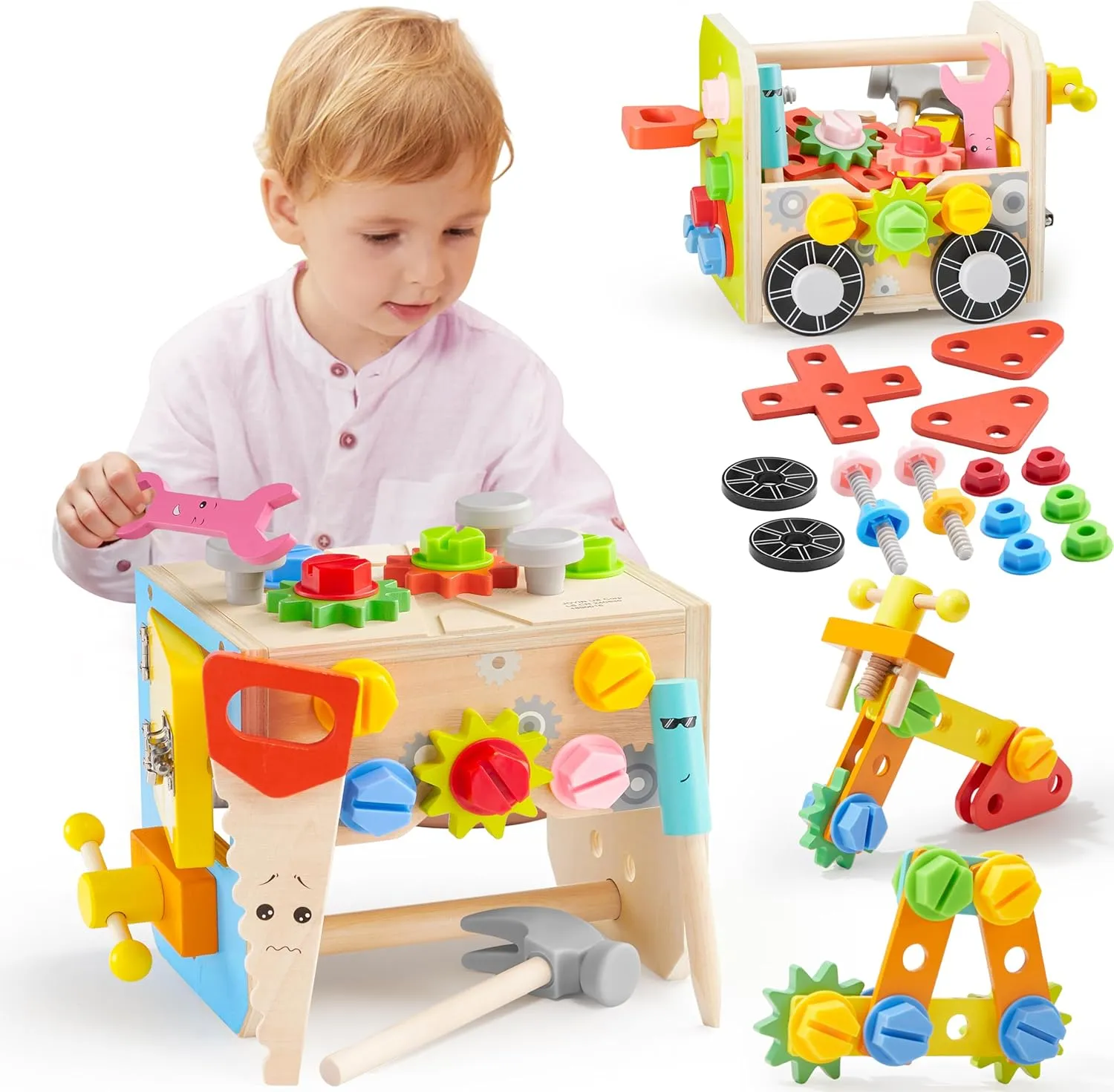 SYNCFUN Kids Tool Set, 51 PCS Wooden STEM Educational Tools for Boys and Girls, Montessori Toys for 3 4 5 6 Year Old, Learning and Construction Toys for Toddlers, Birthday Gift