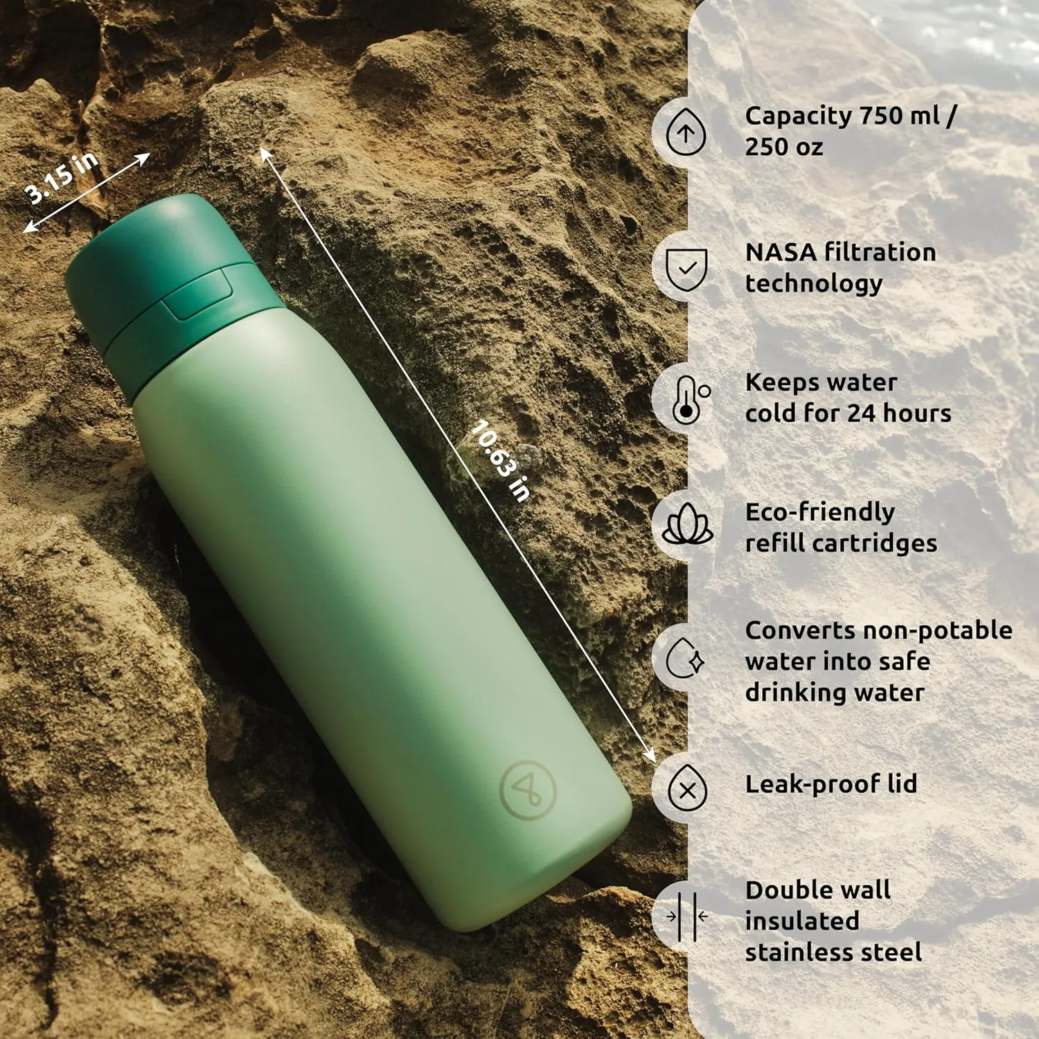 Tappwater BottlePro Adventure - Stainless Steel Water Bottle with Filter for Travel and Sports, Filters 100  unwanted substances. Non-Drinking Water Purifier. Reusable 25oz BPA-Free Bottle (Green)