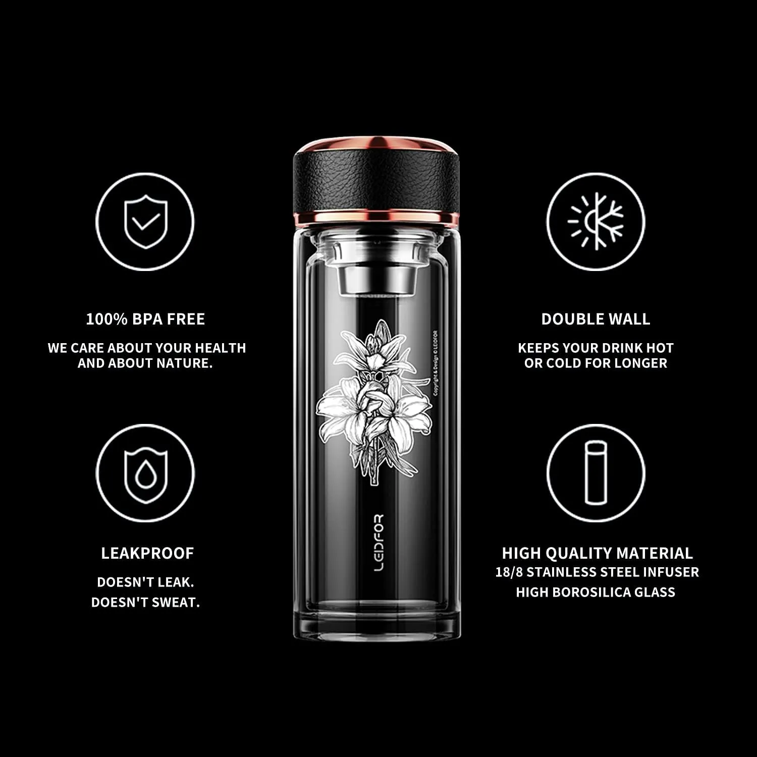 Tea Infuser Bottle - BPA Free Double Wall Glass Travel Tea Mug With Stainless Steel Filter - Leakproof Tea Tumbler with Strainer for Loose Leaf Tea and Fruit Water 17 oz Lily