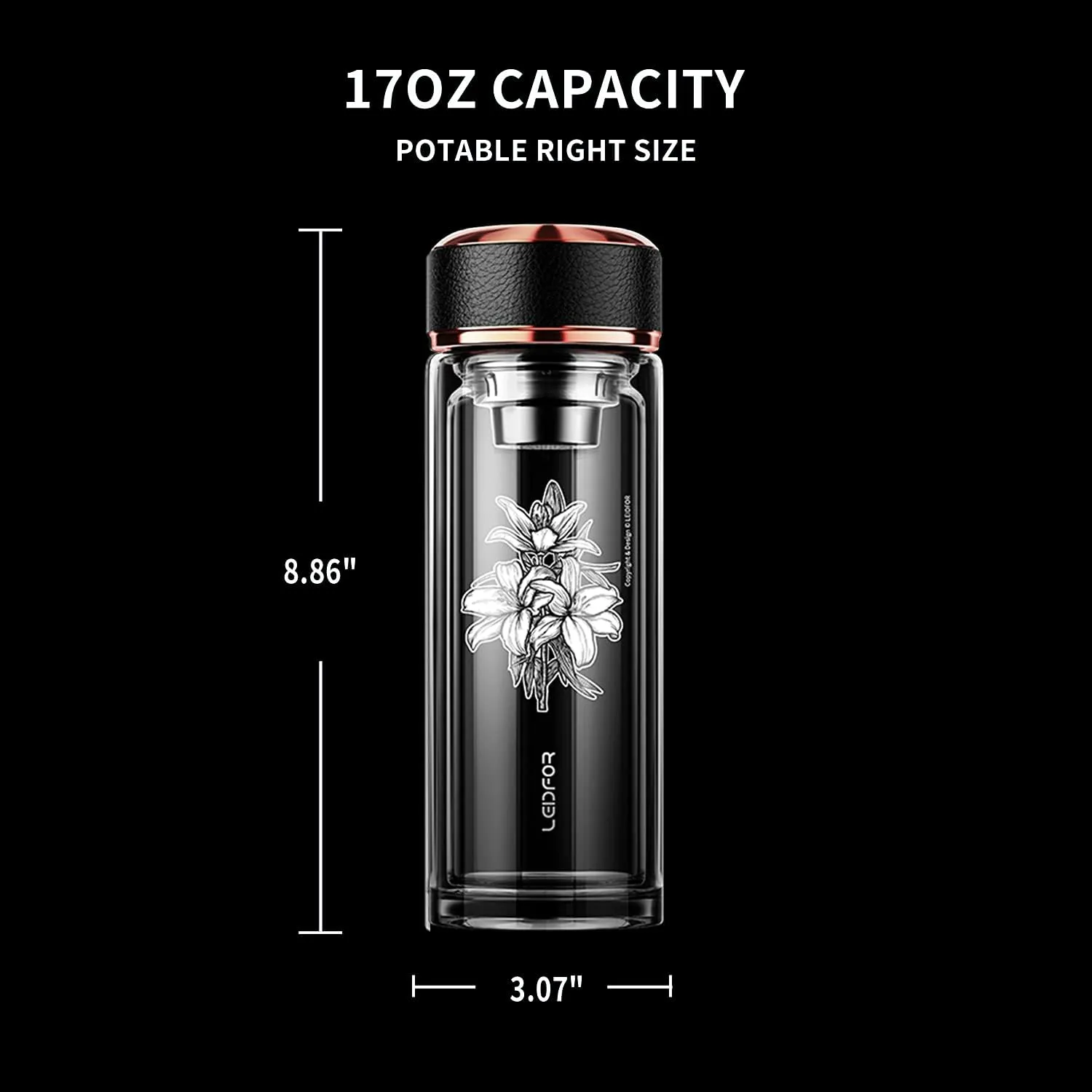 Tea Infuser Bottle - BPA Free Double Wall Glass Travel Tea Mug With Stainless Steel Filter - Leakproof Tea Tumbler with Strainer for Loose Leaf Tea and Fruit Water 17 oz Lily