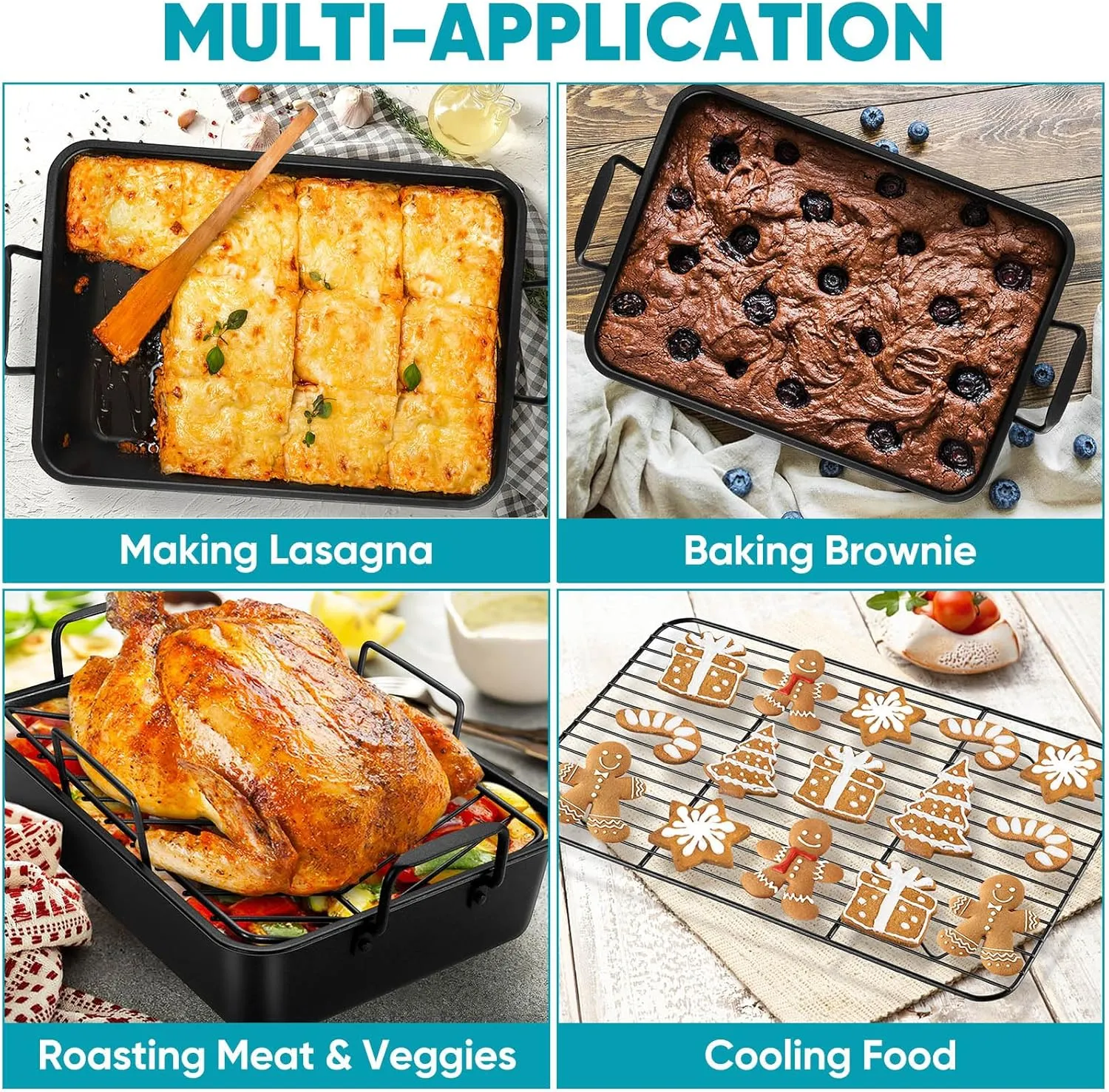 TeamFar Roasting Pan, 16’’ Nonstick Deep Lasagna Brownie Turkey Pan with V-Shaped Rack & Cooling Rack, with Stainless Steel Core & Nonstick Coating, Healthy & Sturdy Handles, Easy to Clean, Set of 3
