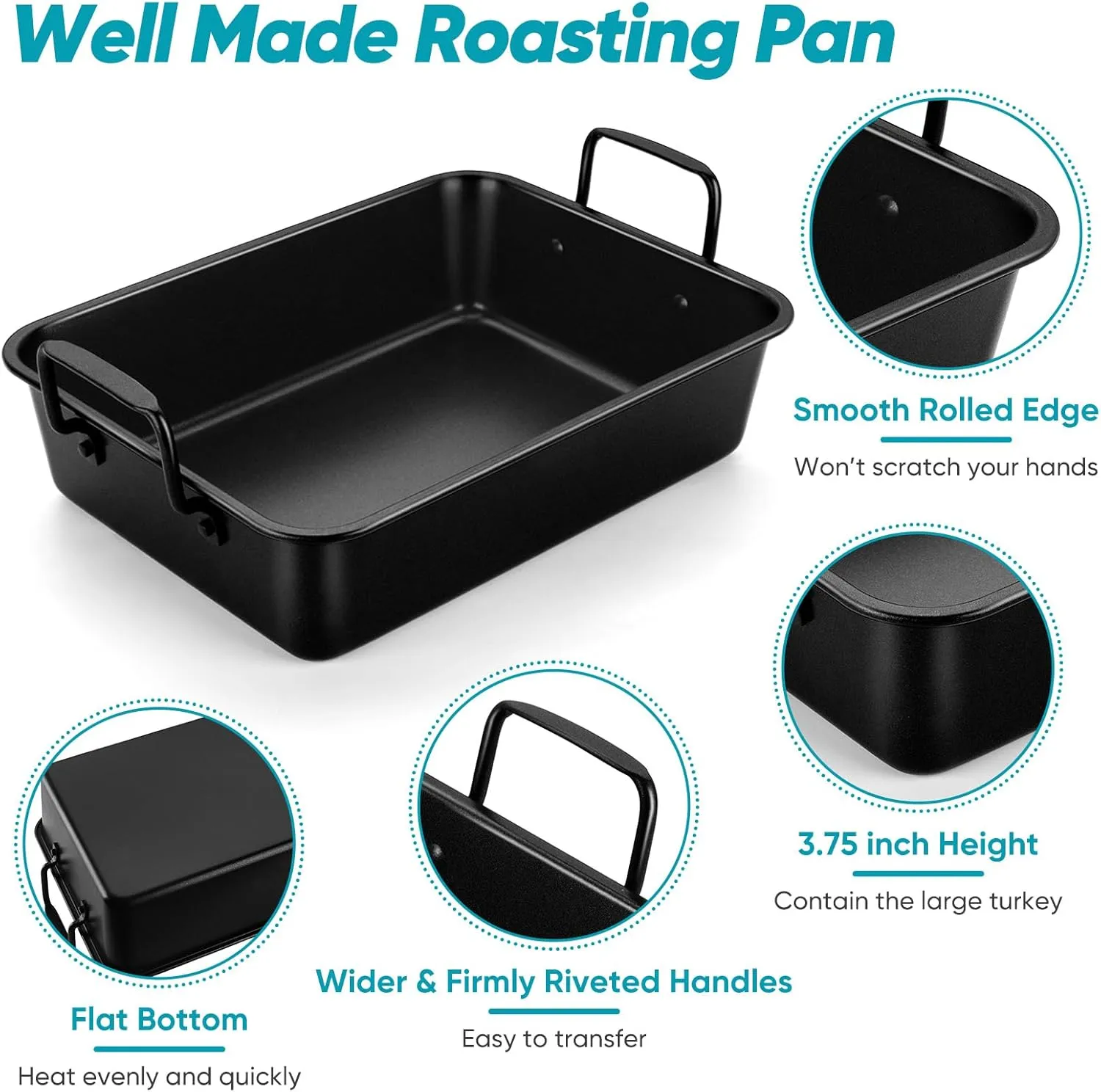 TeamFar Roasting Pan, 16’’ Nonstick Deep Lasagna Brownie Turkey Pan with V-Shaped Rack & Cooling Rack, with Stainless Steel Core & Nonstick Coating, Healthy & Sturdy Handles, Easy to Clean, Set of 3